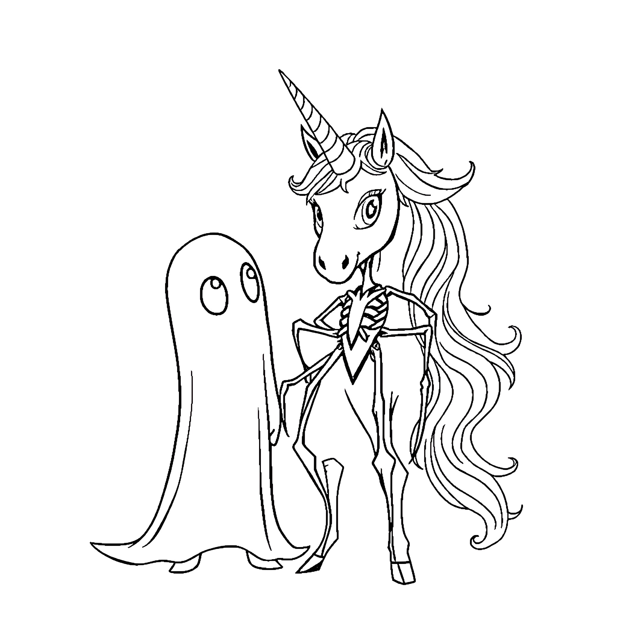 Ghost Spider and Unicorn Creature Encounter Coloring Page (free black-and-white line drawing printable PDF for all, from beginners to advanced learners, including children, teens, adults, and seniors)