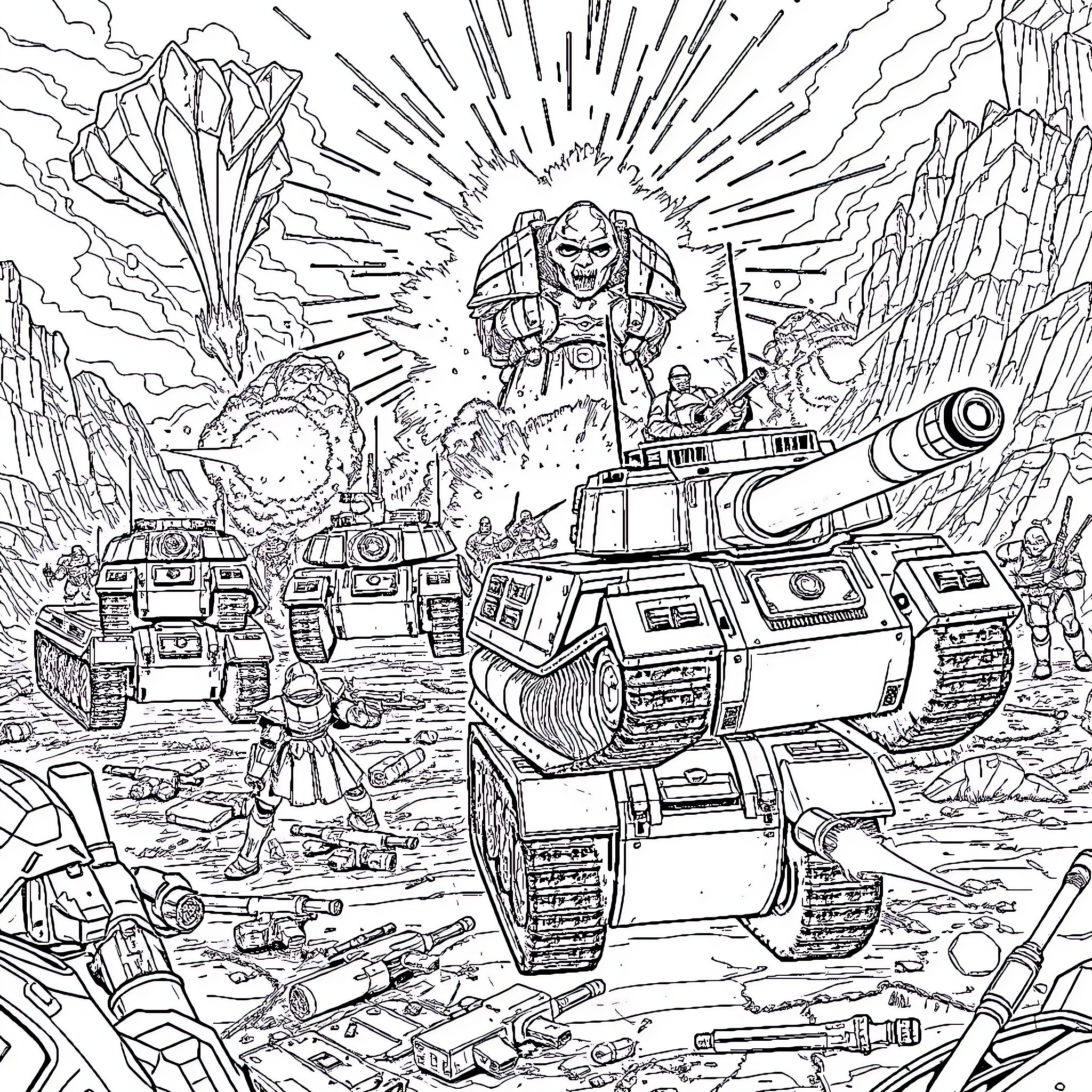 Warhammer Battle on Apocalyptic Alien Landscape Coloring Page (free black-and-white line drawing printable PDF for all, from beginners to advanced learners, including children, teens, adults, and seniors)