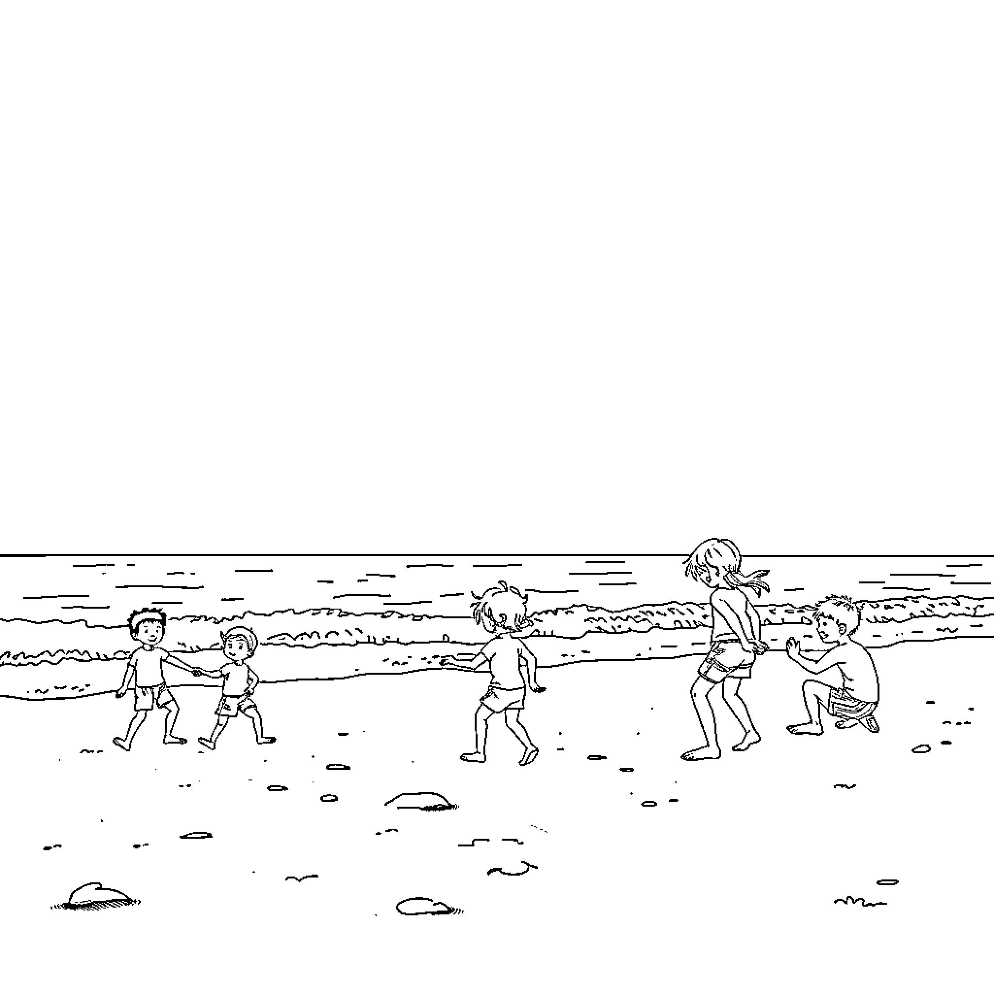 Niño playing on the beach with friends Coloring Page (free black-and-white line drawing printable PDF for all, from beginners to advanced learners, including children, teens, adults, and seniors)
