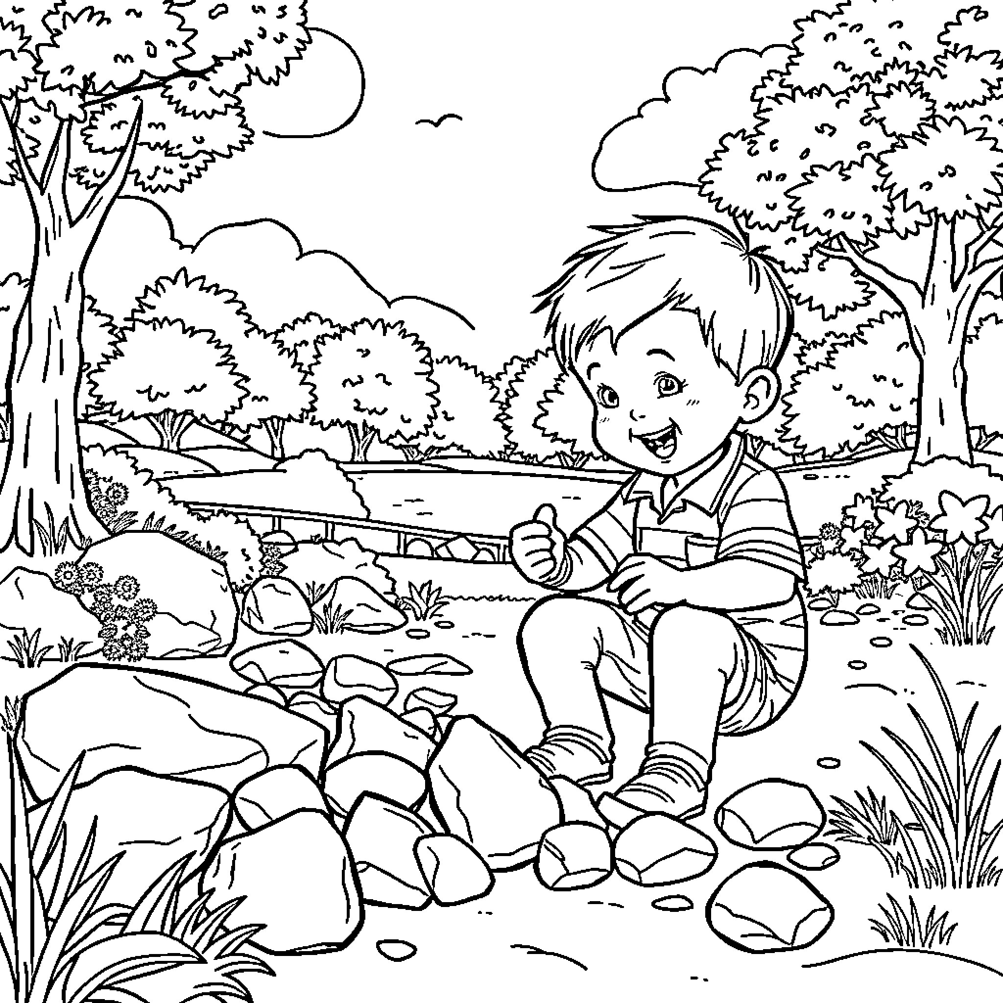 Boy exploring nature in the forest Coloring Page (free black-and-white line drawing printable PDF for all, from beginners to advanced learners, including children, teens, adults, and seniors)