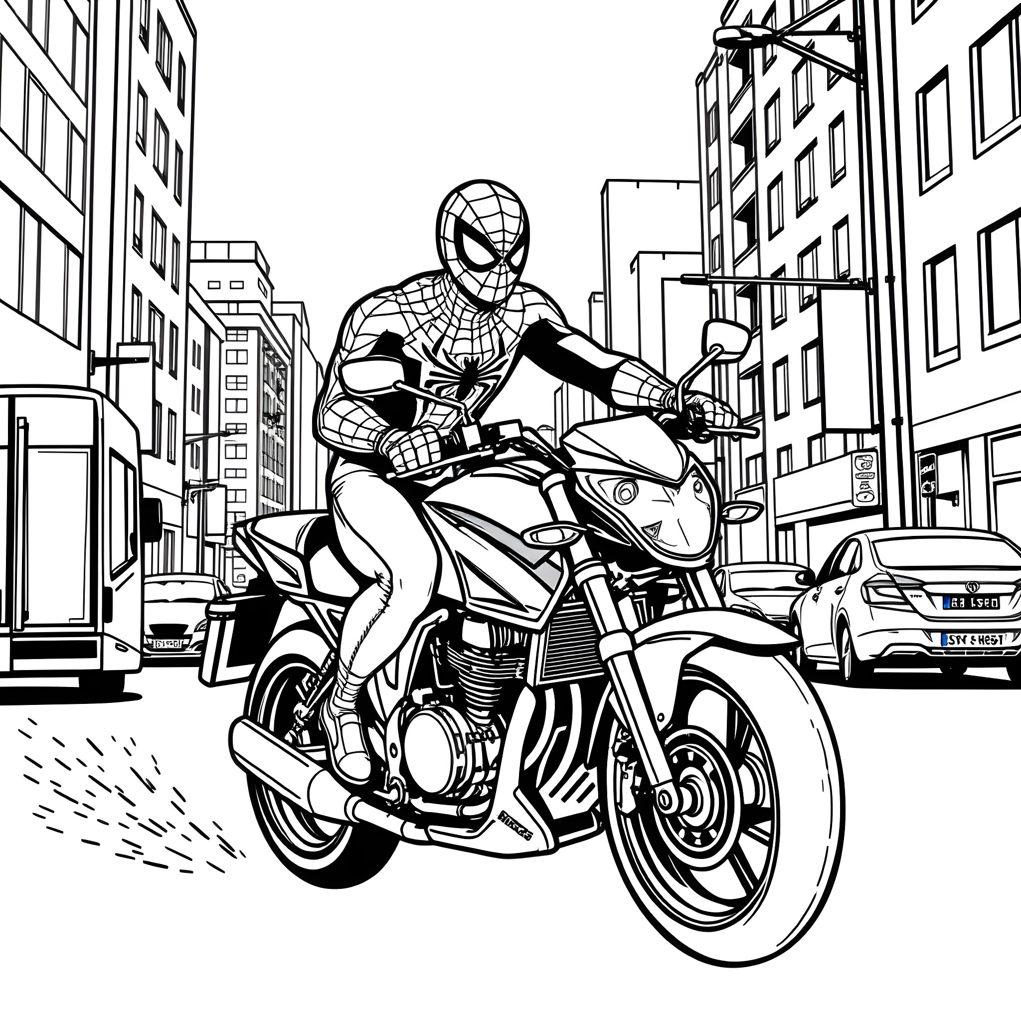Spider-Man riding a motorcycle through the city Coloring Page (free black-and-white line drawing printable PDF for all, from beginners to advanced learners, including children, teens, adults, and seniors)
