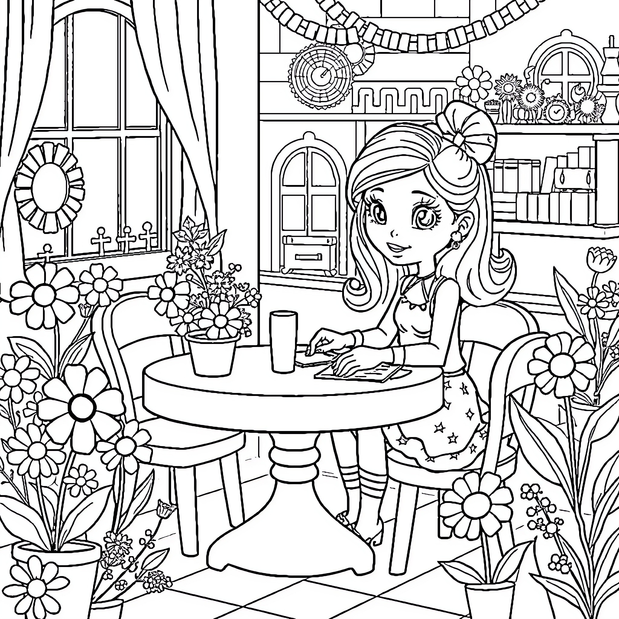 Gabby's Dollhouse - Girl enjoying tea time in a flower-filled room Coloring Page (free black-and-white line drawing printable PDF for all, from beginners to advanced learners, including children, teens, adults, and seniors)
