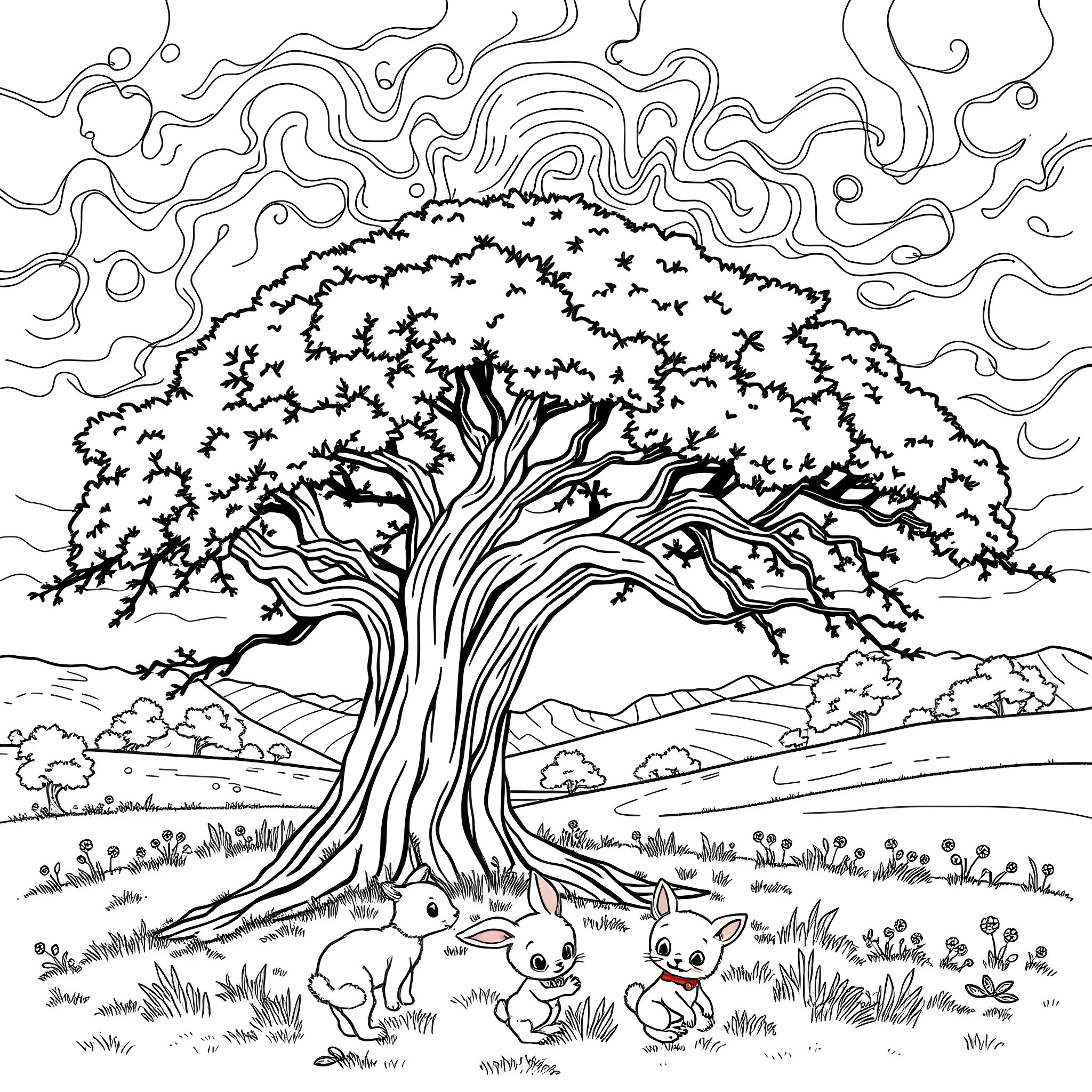 Animal playing joyfully under large tree Coloring Page (free black-and-white line drawing printable PDF for all, from beginners to advanced learners, including children, teens, adults, and seniors)