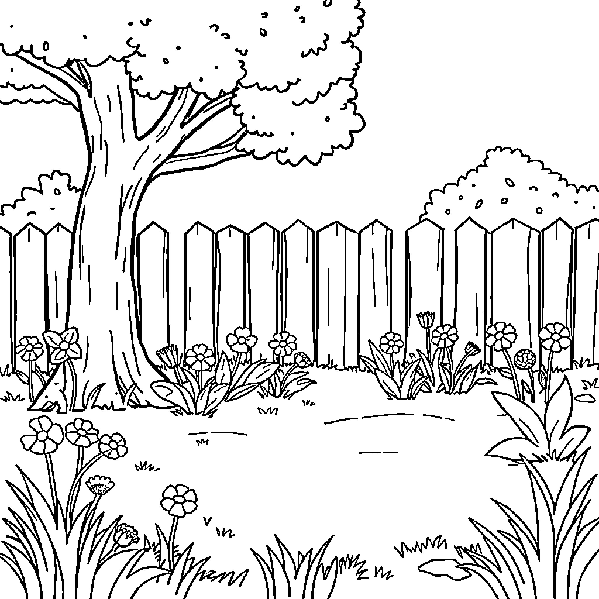 Backyard with Blooming Flowers and Wooden Fence Coloring Page (free black-and-white line drawing printable PDF for all, from beginners to advanced learners, including children, teens, adults, and seniors)