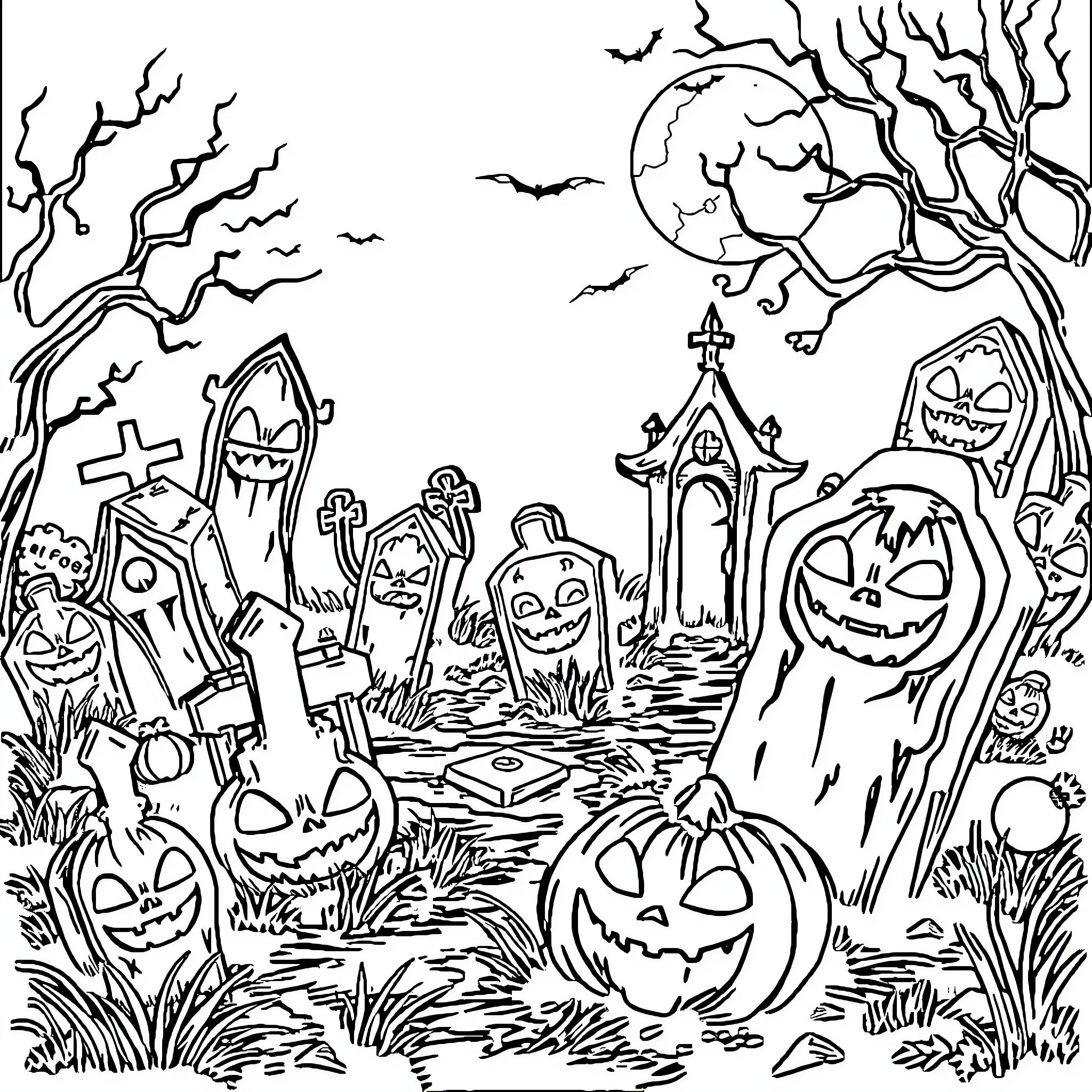 Graveyard scene with spooky Halloween elements Coloring Page (free black-and-white line drawing printable PDF for all, from beginners to advanced learners, including children, teens, adults, and seniors)