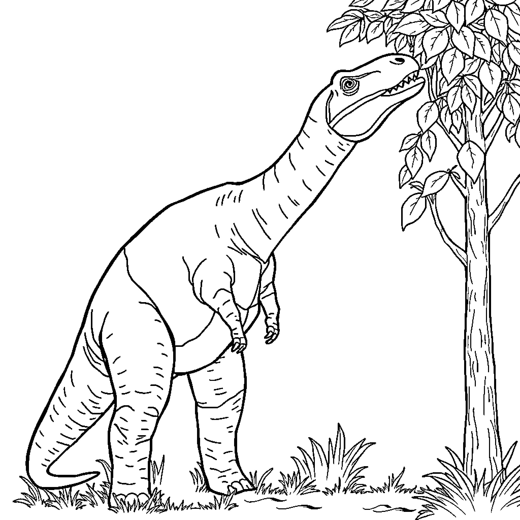 Brontosaurus exploring the lush greenery Coloring Page (free black-and-white line drawing printable PDF for all, from beginners to advanced learners, including children, teens, adults, and seniors)