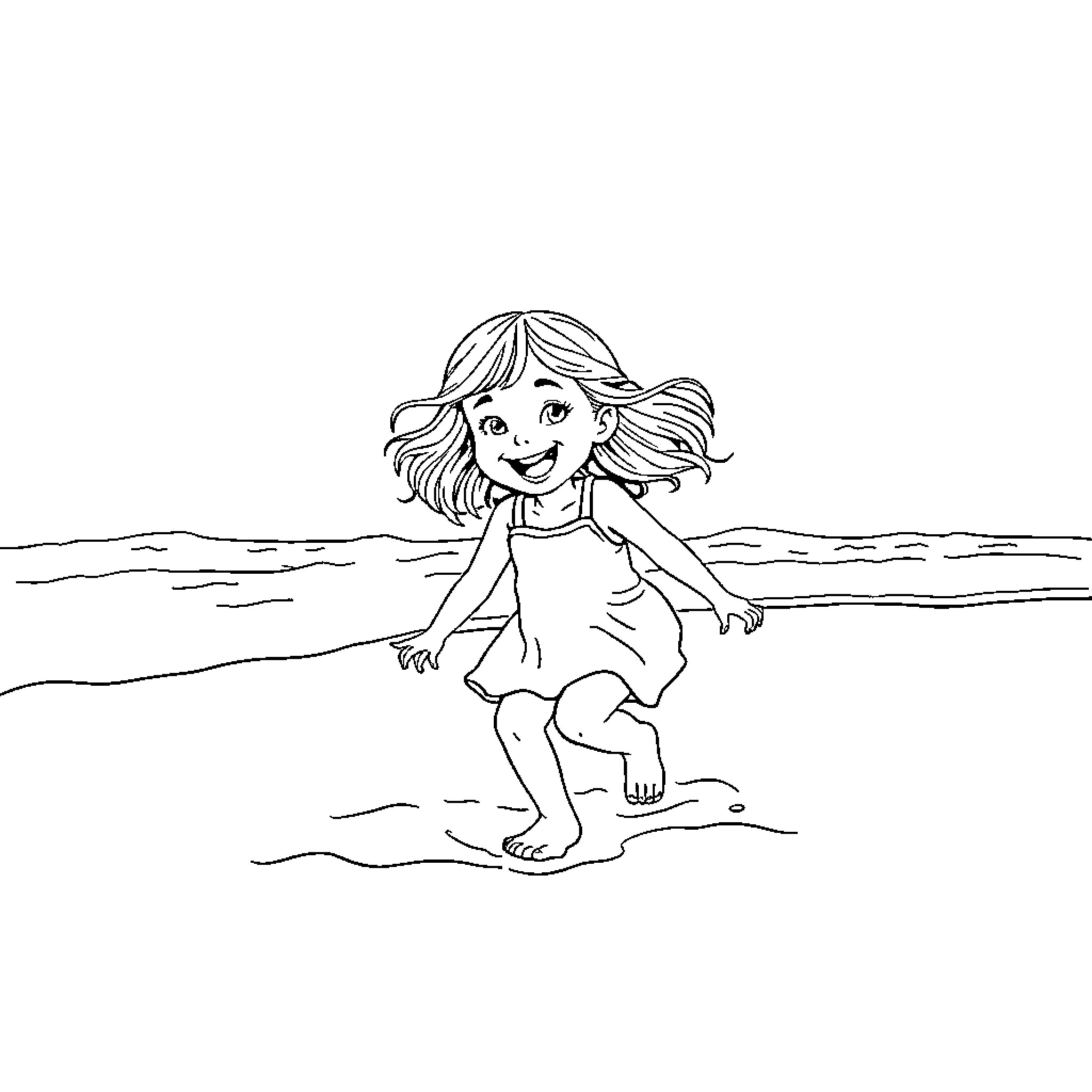 Girl playing happily in the waves Coloring Page (free black-and-white line drawing printable PDF for all, from beginners to advanced learners, including children, teens, adults, and seniors)