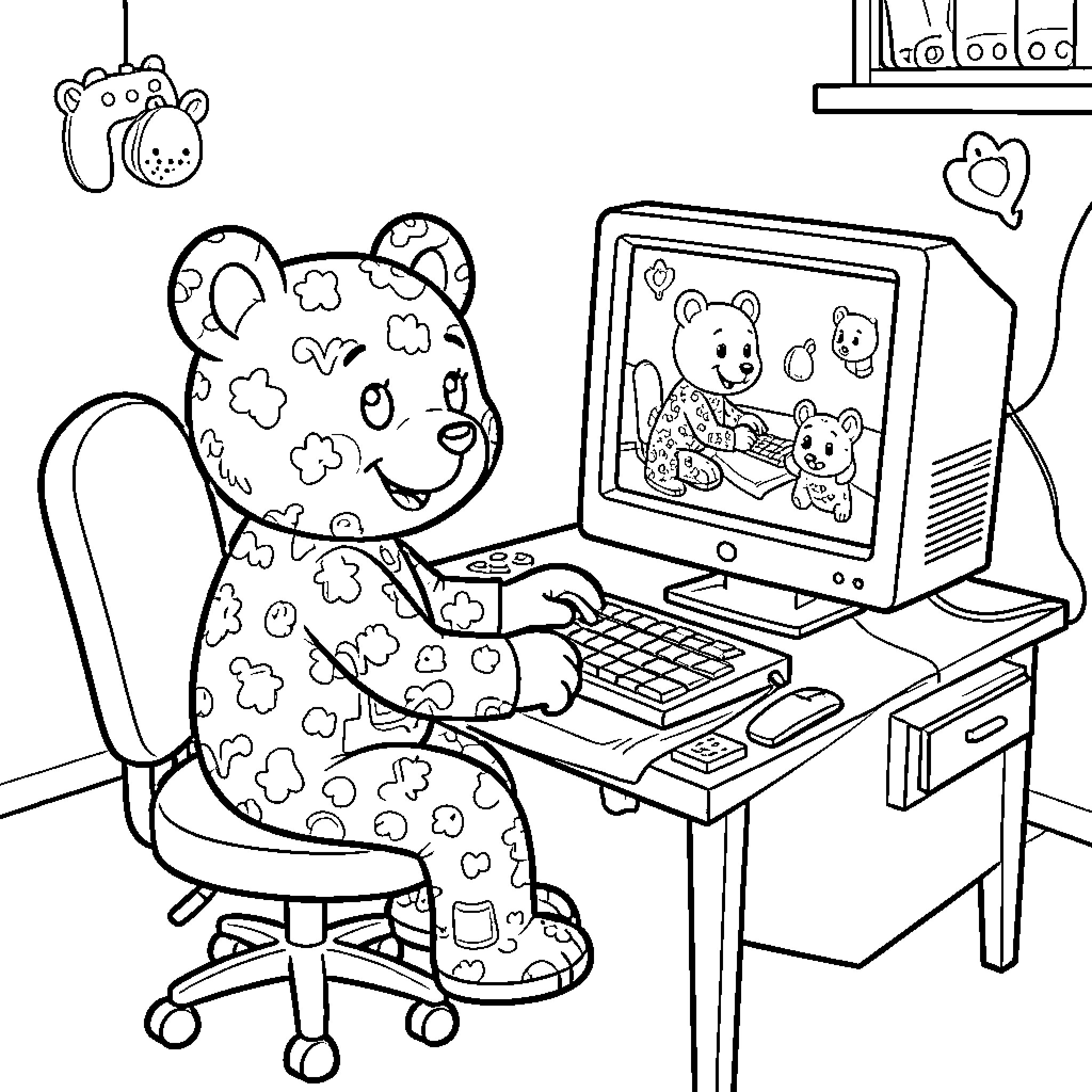 Gummibar sitting at a desk using a computer Coloring Page (free black-and-white line drawing printable PDF for all, from beginners to advanced learners, including children, teens, adults, and seniors)