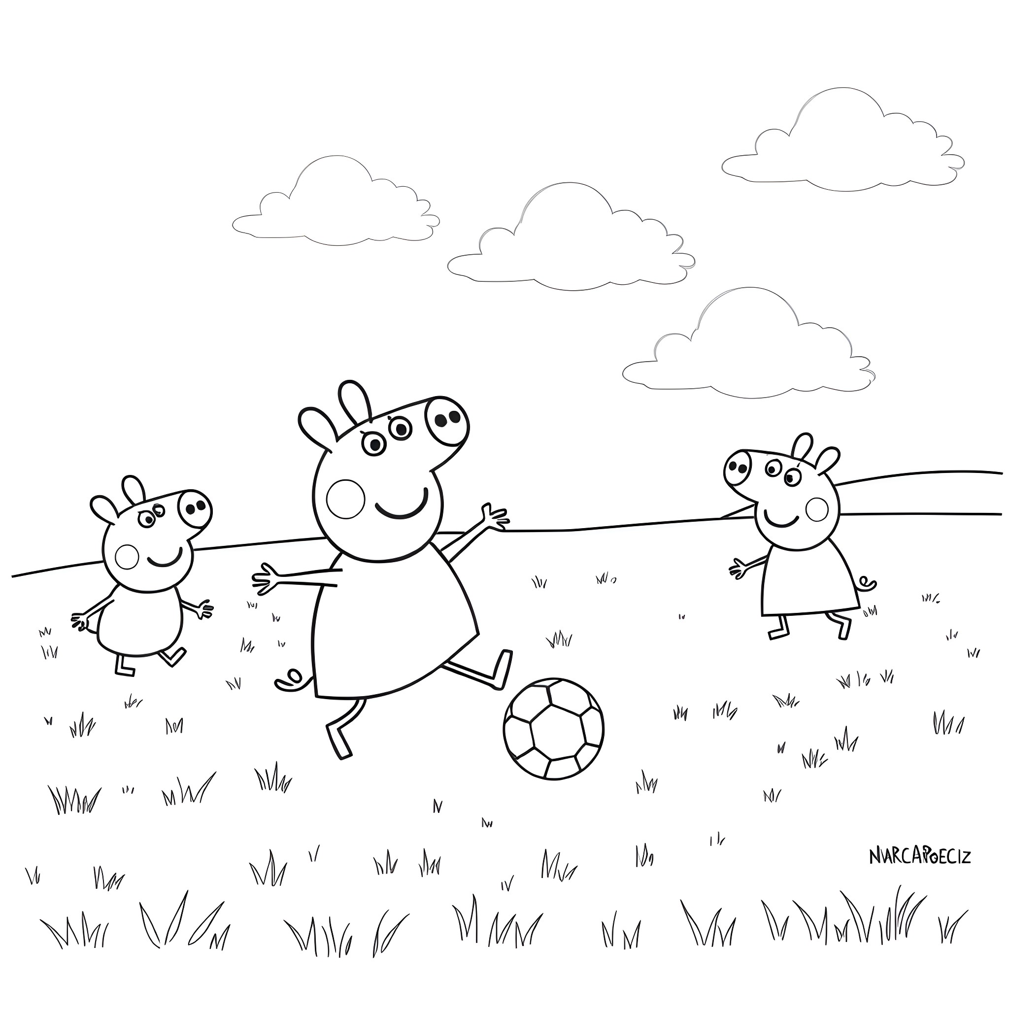 Peppa Pig and family playing soccer in the park Coloring Page (free black-and-white line drawing printable PDF for all, from beginners to advanced learners, including children, teens, adults, and seniors)