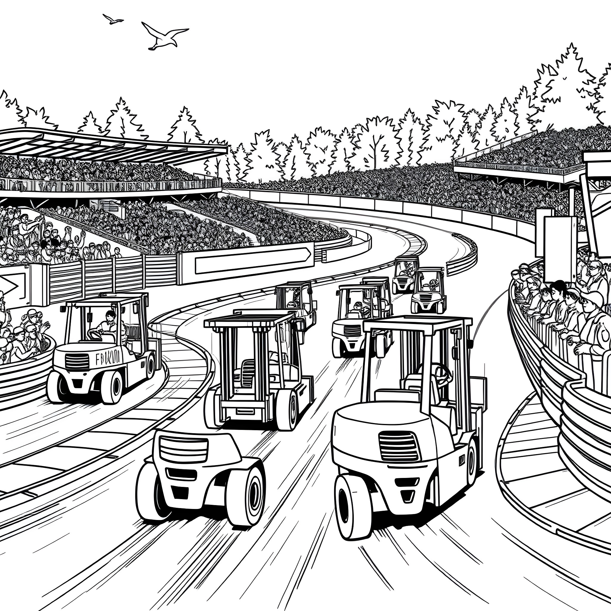 Forklift Frenzy at the Racetrack Coloring Page (free black-and-white line drawing printable PDF for all, from beginners to advanced learners, including children, teens, adults, and seniors)