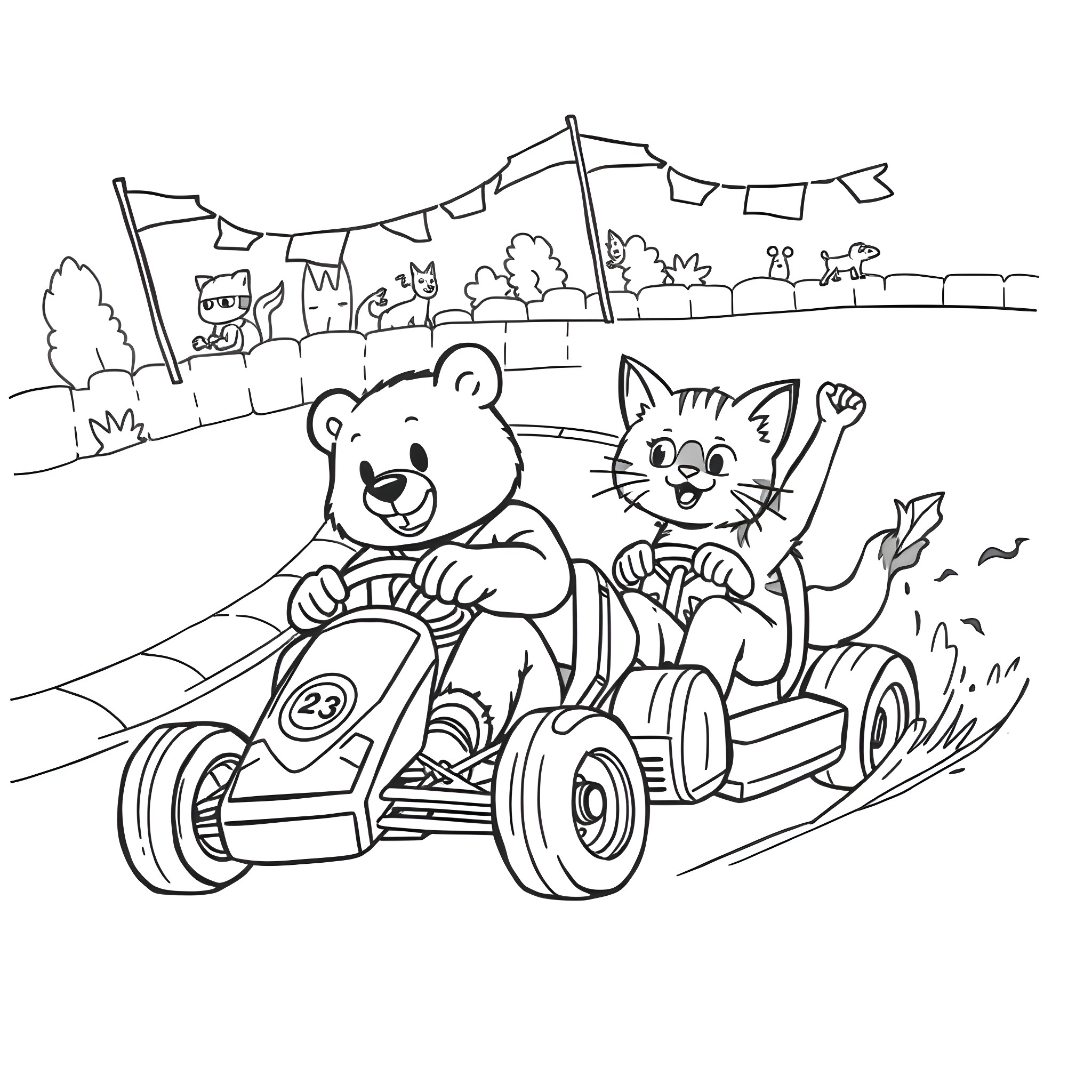 Bear and cat riding a go-kart together in a park Coloring Page (free black-and-white line drawing printable PDF for all, from beginners to advanced learners, including children, teens, adults, and seniors)