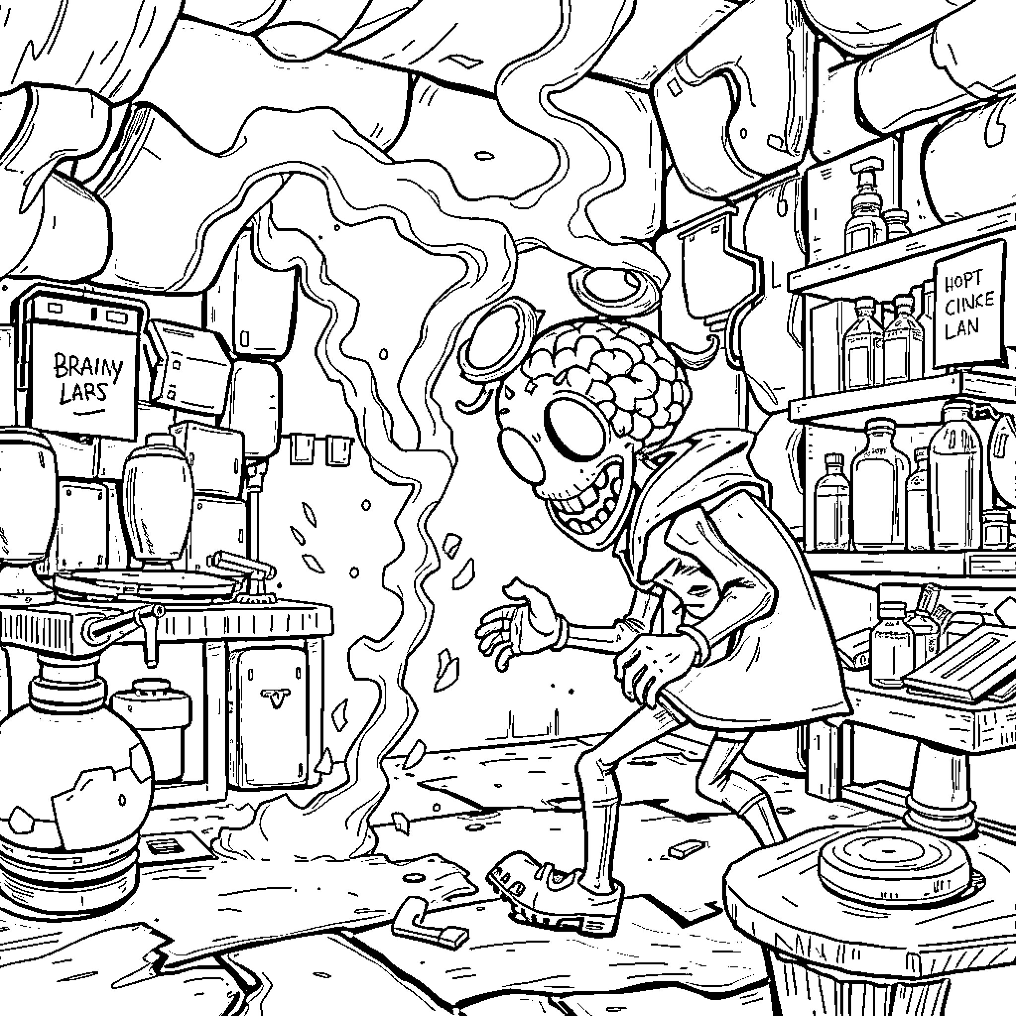Brainrot: Chaotic Mad Scientist's Laboratory Coloring Page (free black-and-white line drawing printable PDF for all, from beginners to advanced learners, including children, teens, adults, and seniors)