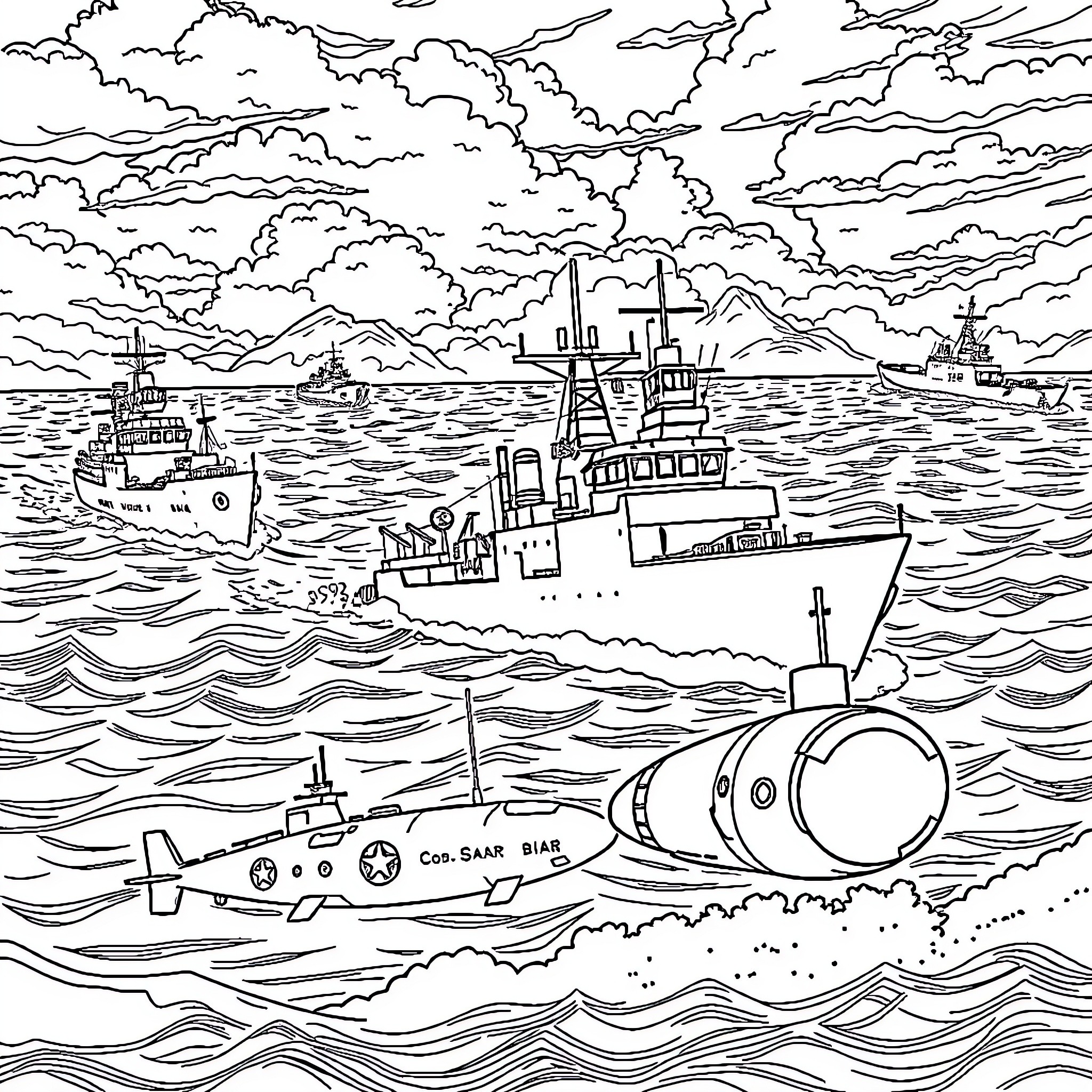 Military Vessel Navigating Turbulent Seas Coloring Page (free black-and-white line drawing printable PDF for all, from beginners to advanced learners, including children, teens, adults, and seniors)