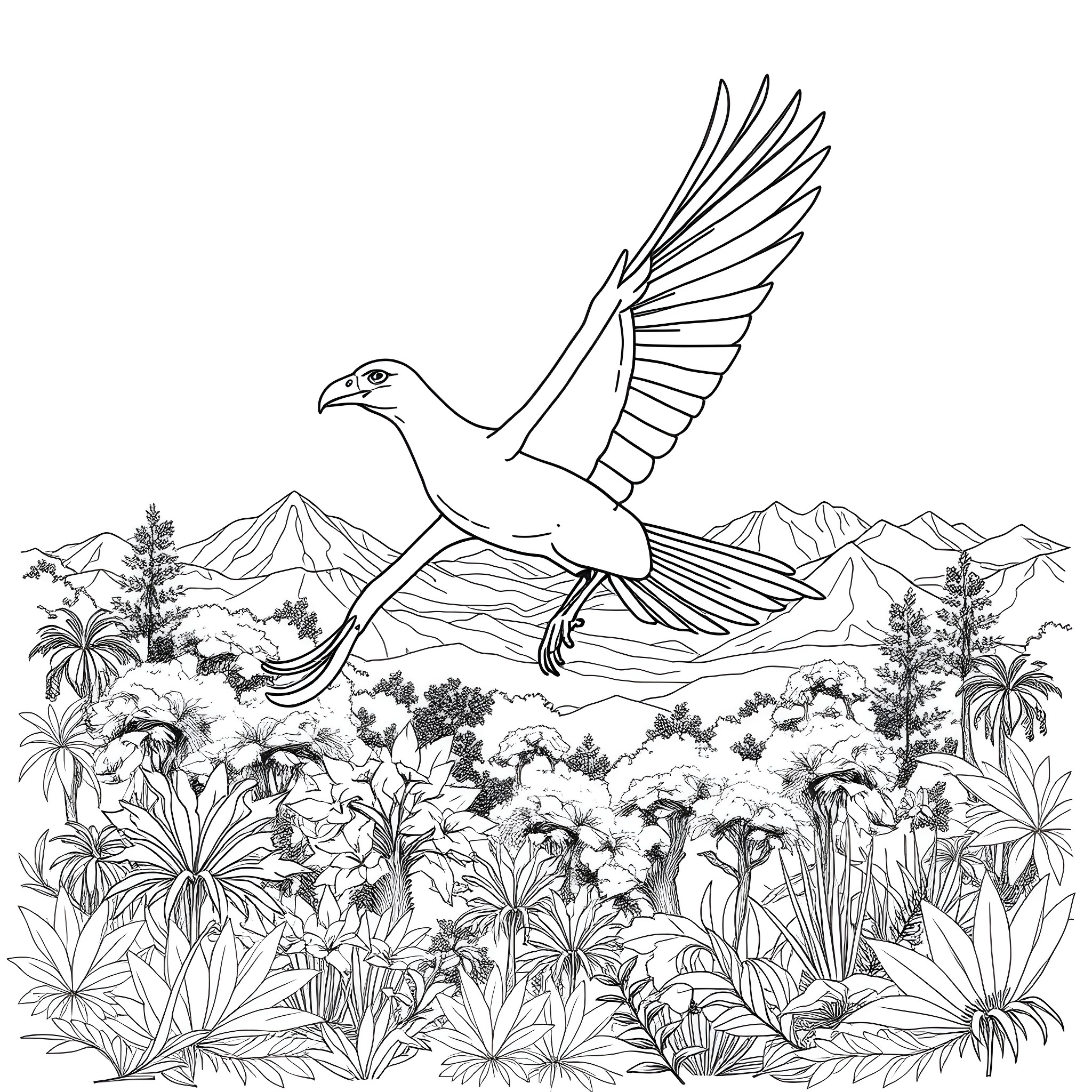 Bird soaring gracefully over a lush, mountainous landscape Coloring Page (free black-and-white line drawing printable PDF for all, from beginners to advanced learners, including children, teens, adults, and seniors)