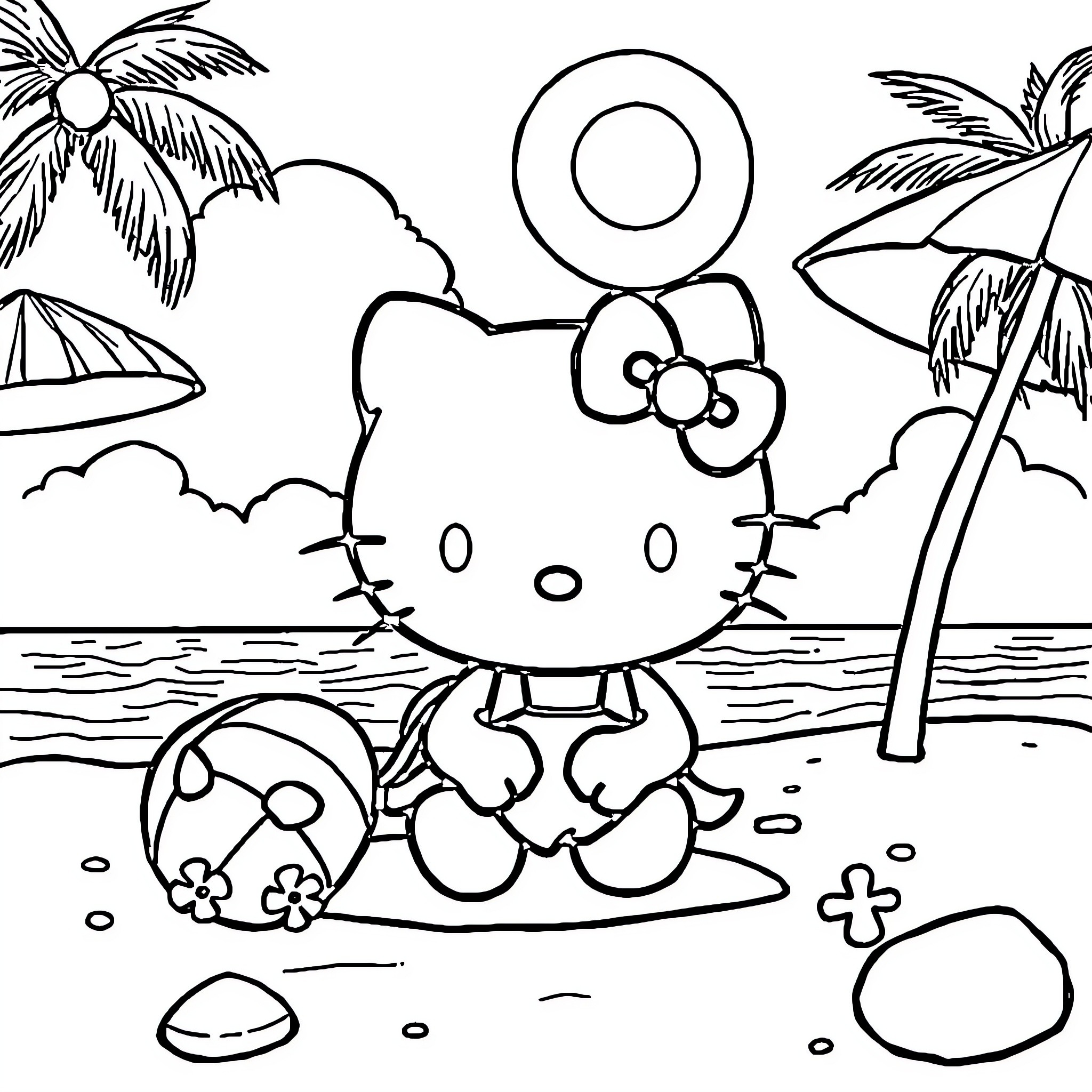 Hello Kitty relaxing on the beach Coloring Page (free black-and-white line drawing printable PDF for all, from beginners to advanced learners, including children, teens, adults, and seniors)