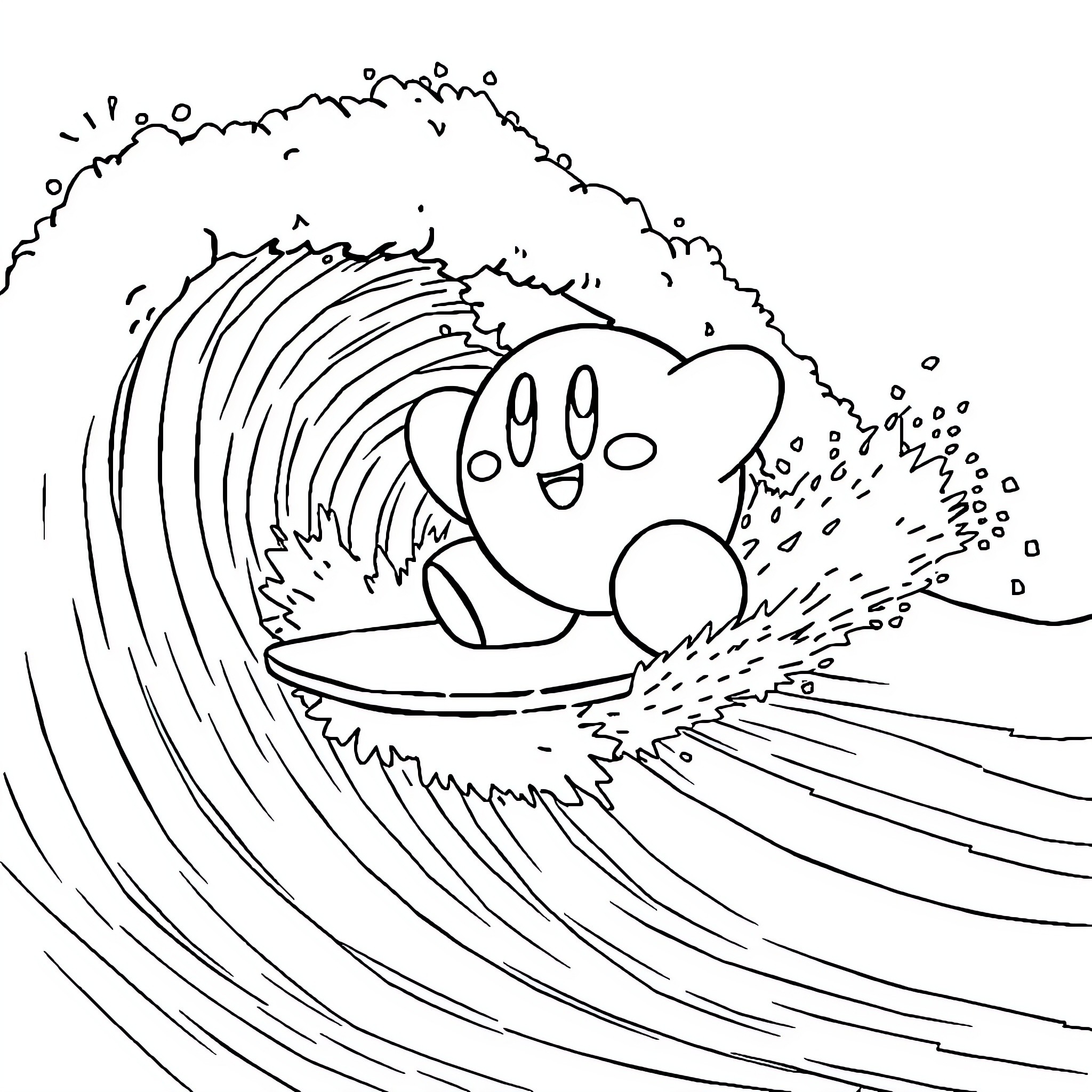 Kirby Surfing on a Massive Wave Coloring Page (free black-and-white line drawing printable PDF for all, from beginners to advanced learners, including children, teens, adults, and seniors)