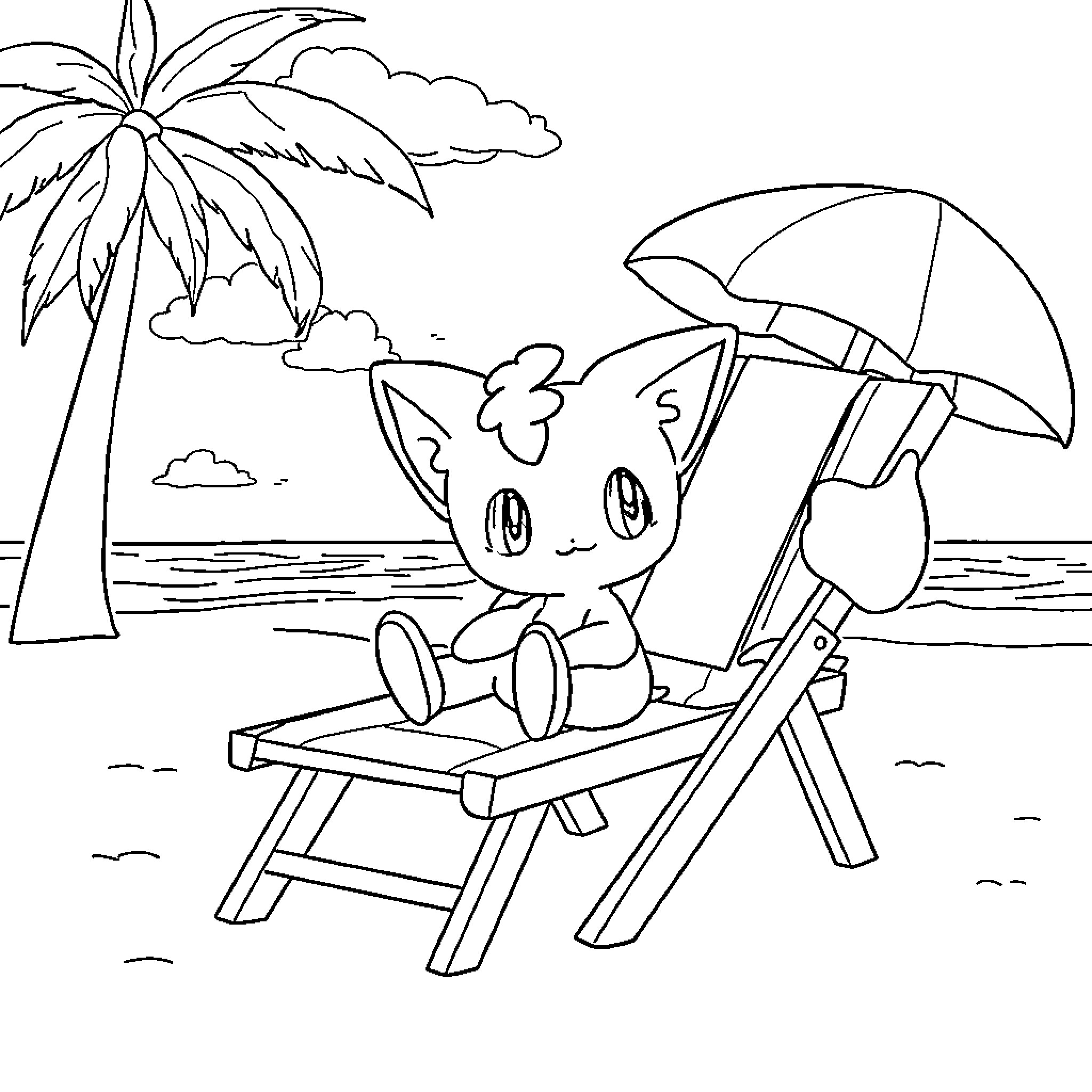 Mew relaxing on a lounge chair at the beach Coloring Page (free black-and-white line drawing printable PDF for all, from beginners to advanced learners, including children, teens, adults, and seniors)
