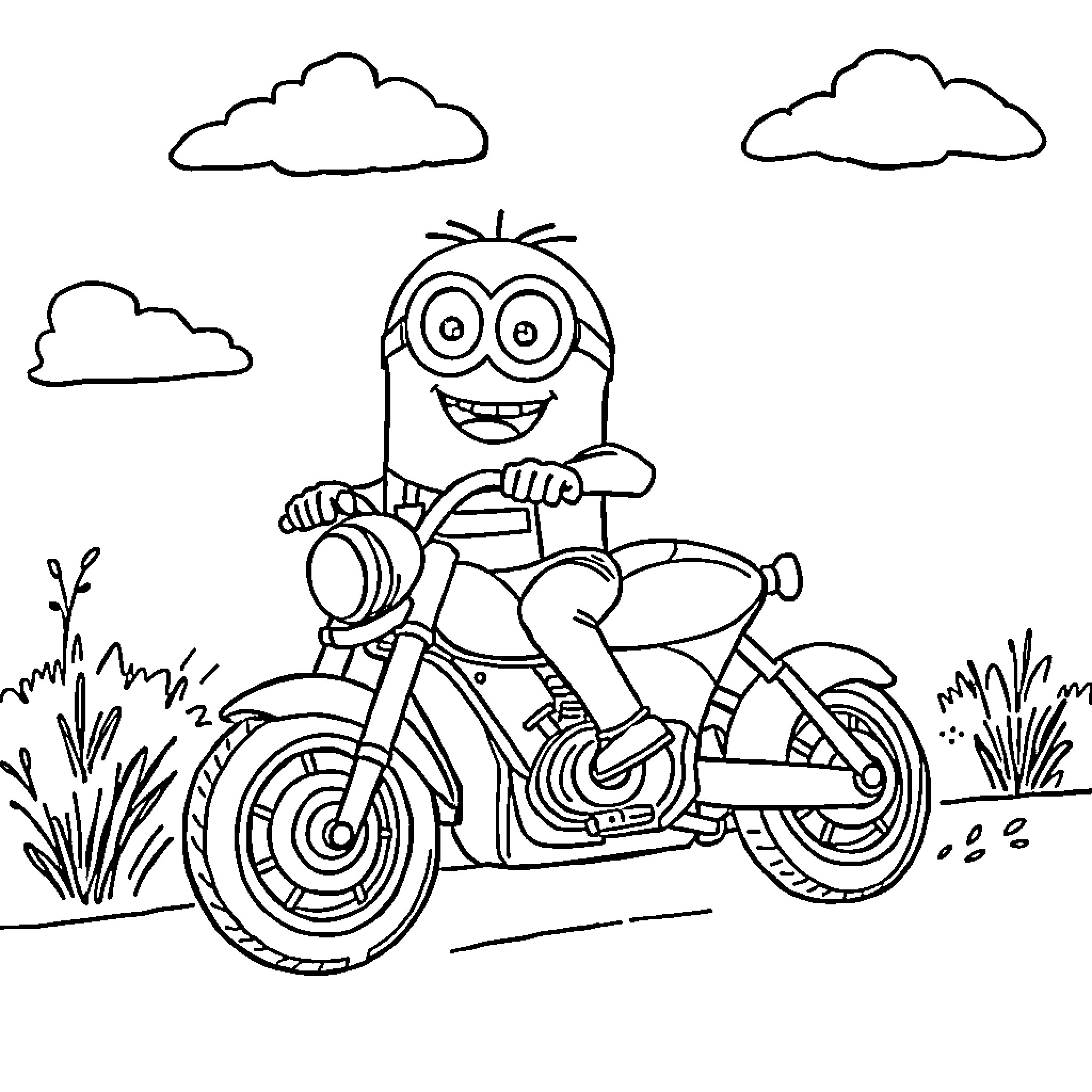 Minion riding a motorcycle through the countryside Coloring Page (free black-and-white line drawing printable PDF for all, from beginners to advanced learners, including children, teens, adults, and seniors)