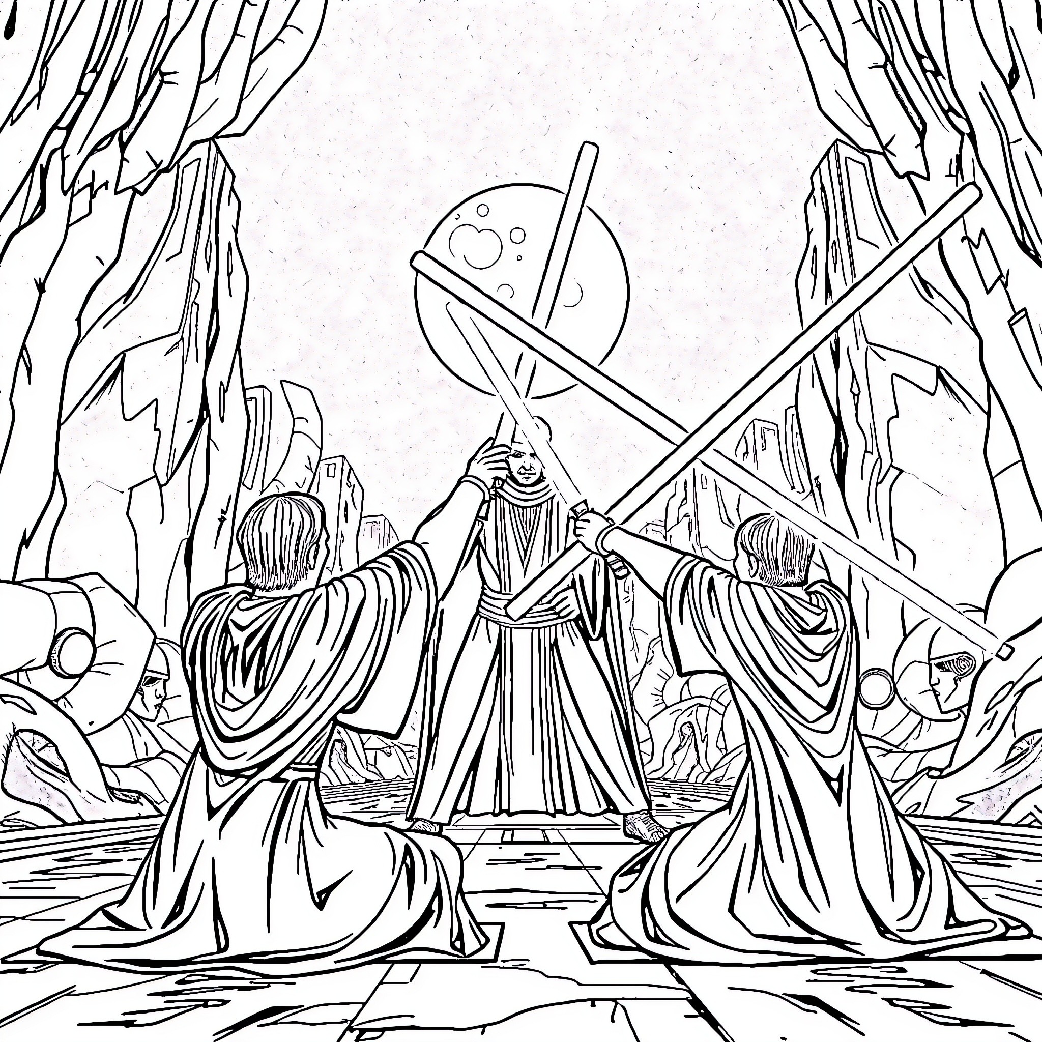Yoga Ritual in Mysterious Landscape Coloring Page (free black-and-white line drawing printable PDF for all, from beginners to advanced learners, including children, teens, adults, and seniors)