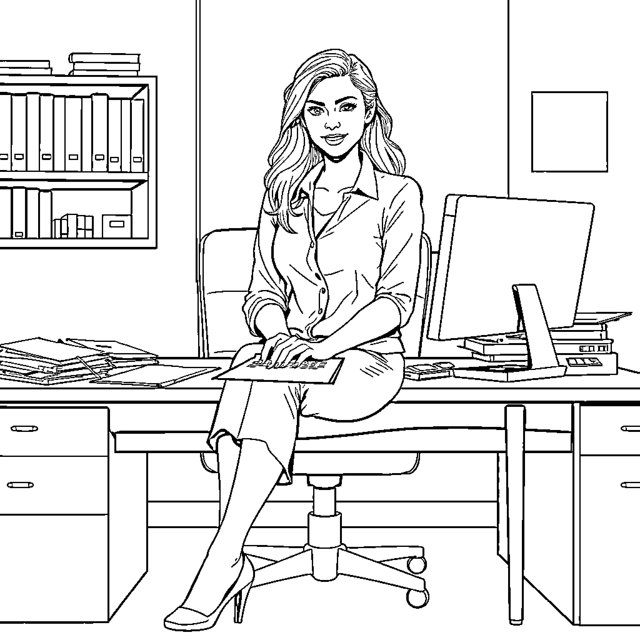 Woman working intently at her desk Coloring Page (free black-and-white line drawing printable PDF for all, from beginners to advanced learners, including children, teens, adults, and seniors)