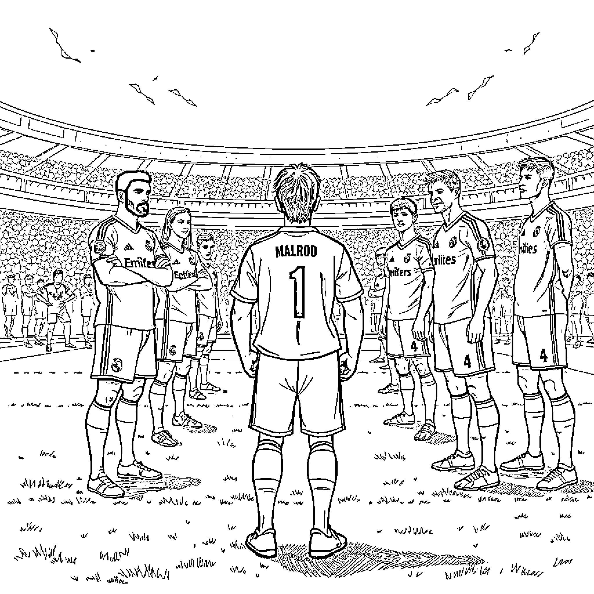 Real Madrid players on the soccer field Coloring Page (free black-and-white line drawing printable PDF for all, from beginners to advanced learners, including children, teens, adults, and seniors)