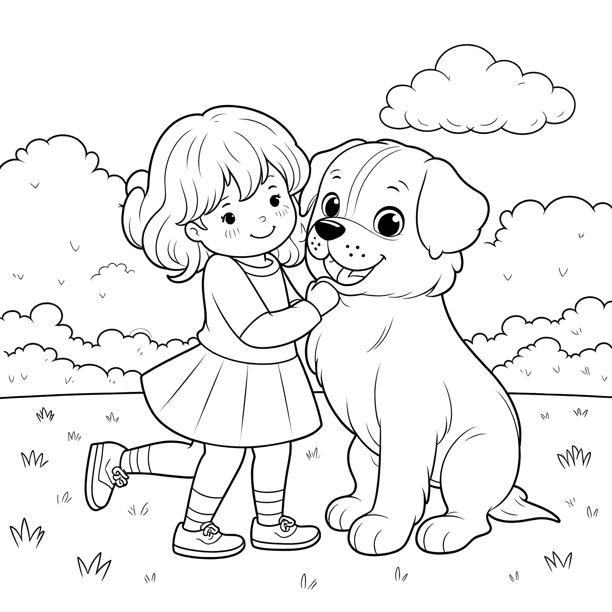 Bluey and her furry friend in a serene outdoor setting Coloring Page (free black-and-white line drawing printable PDF for all, from beginners to advanced learners, including children, teens, adults, and seniors)