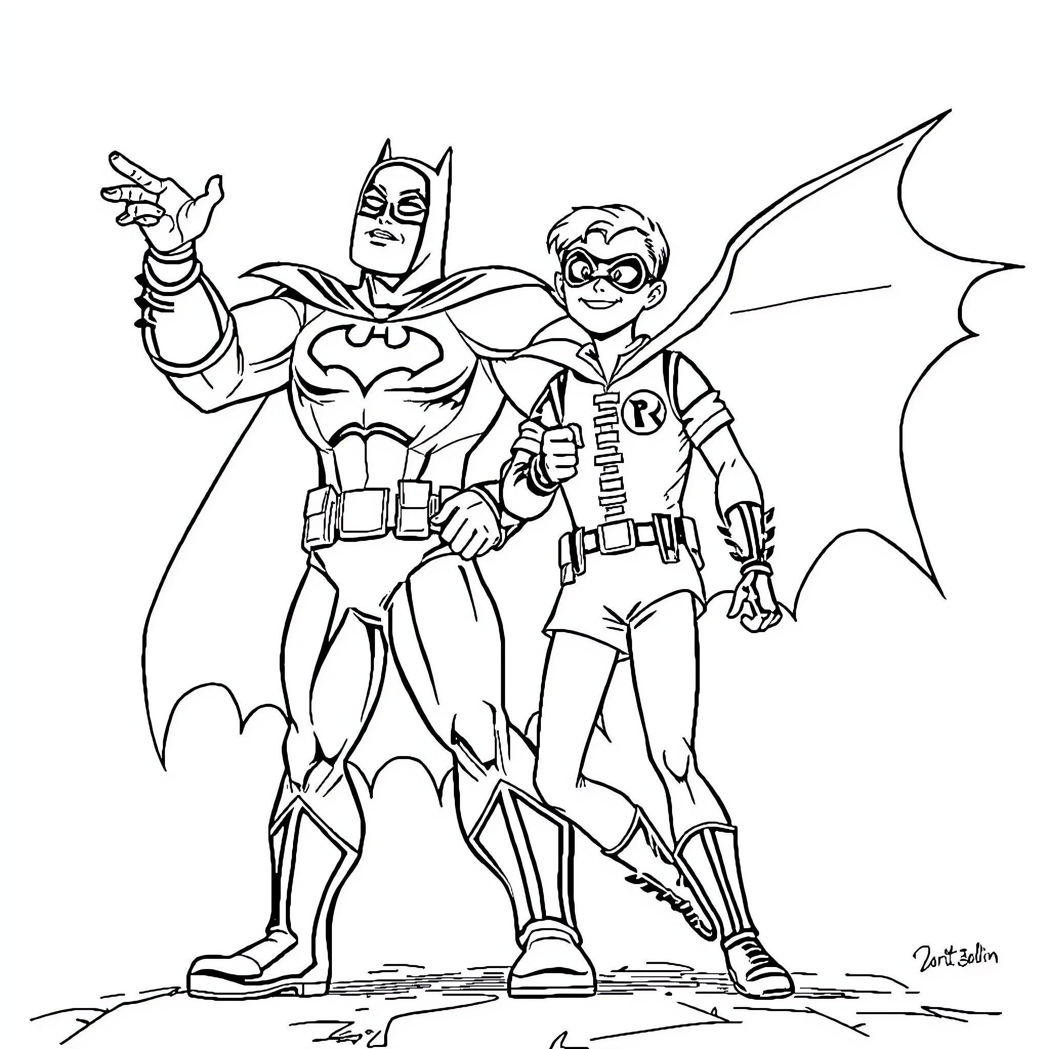 Batman and Robin in action-packed adventure Coloring Page (free black-and-white line drawing printable PDF for all, from beginners to advanced learners, including children, teens, adults, and seniors)