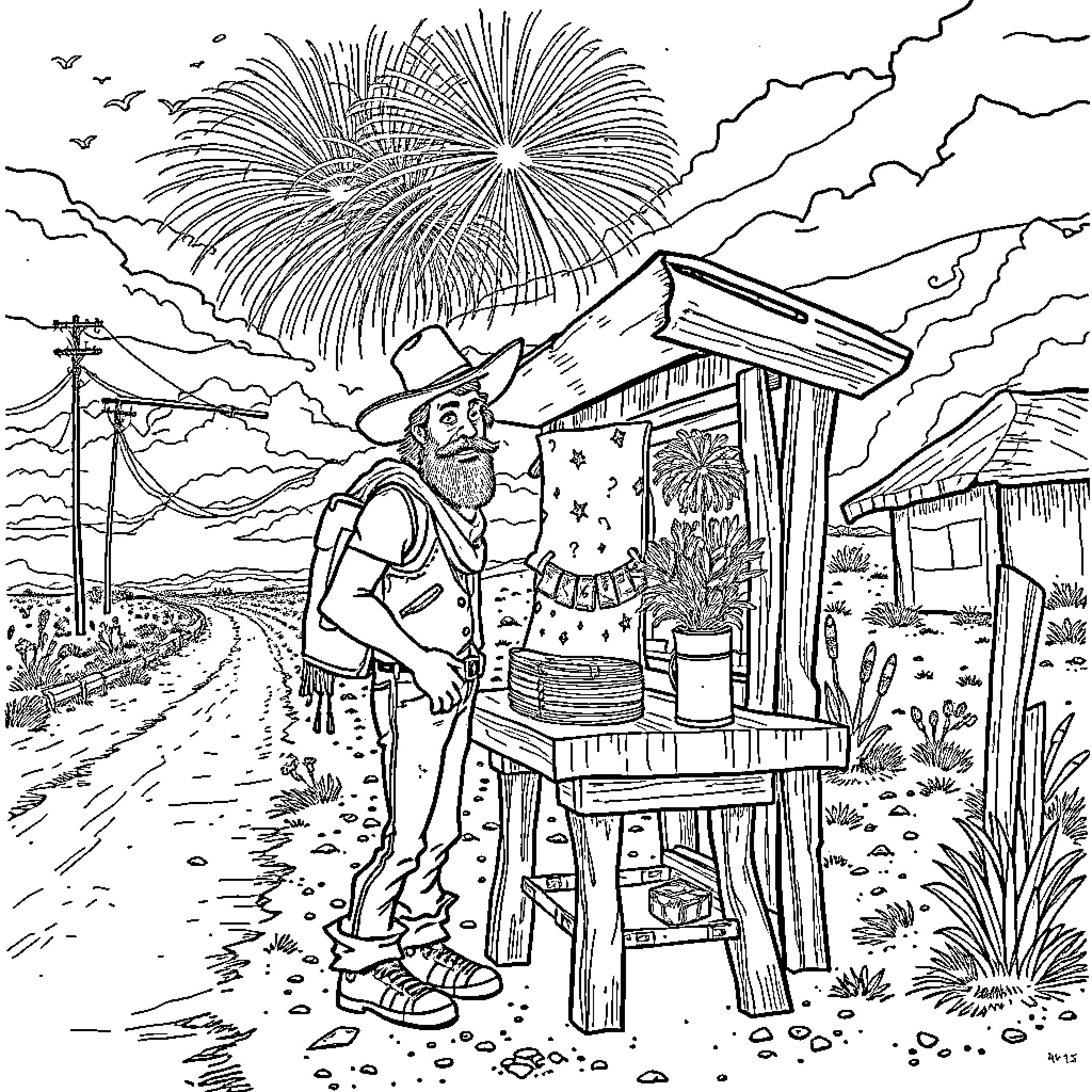 Joe Dirt's Festive Fireworks Display and Roadside Stand Coloring Page (free black-and-white line drawing printable PDF for all, from beginners to advanced learners, including children, teens, adults, and seniors)