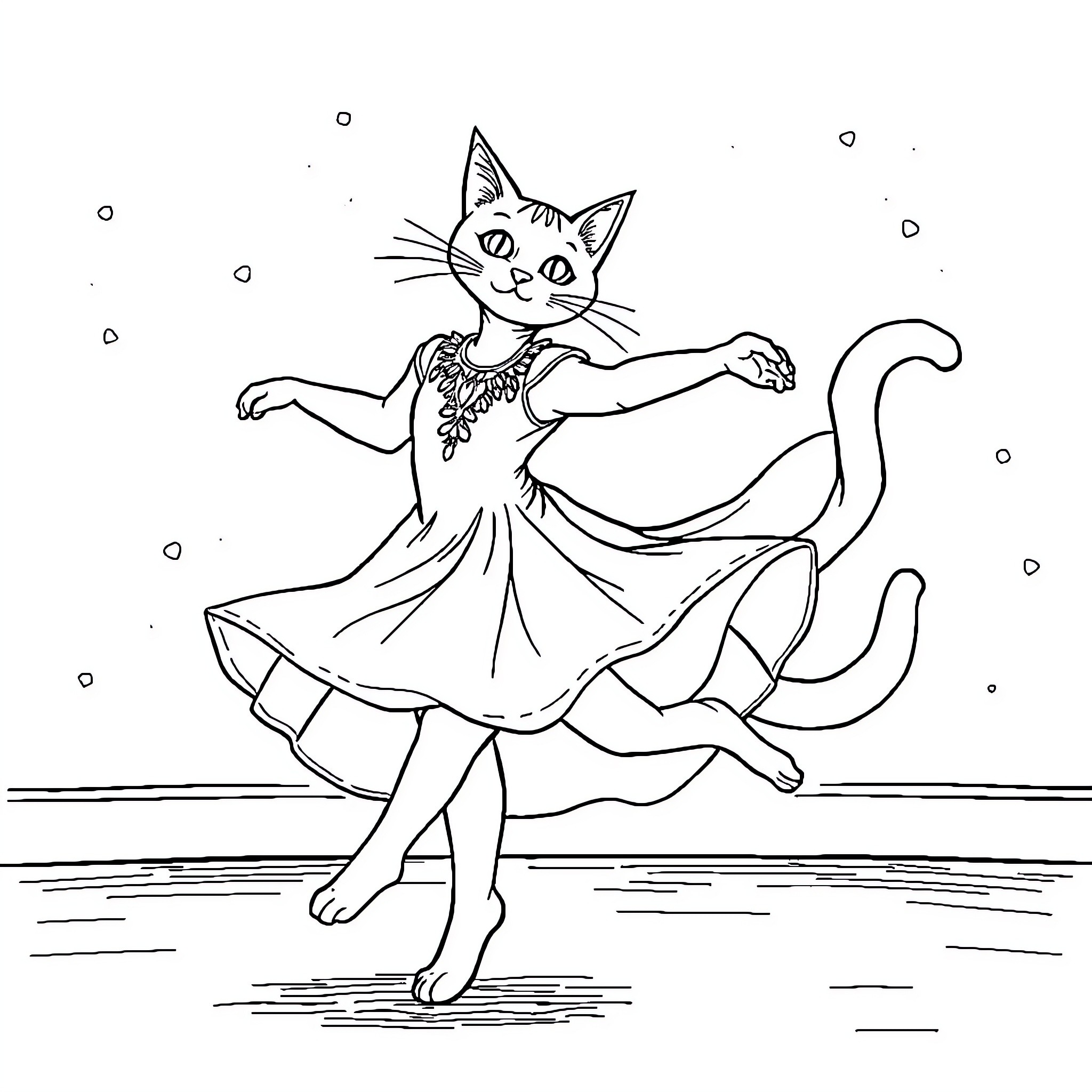 Cat dancing in a fancy dress Coloring Page (free black-and-white line drawing printable PDF for all, from beginners to advanced learners, including children, teens, adults, and seniors)