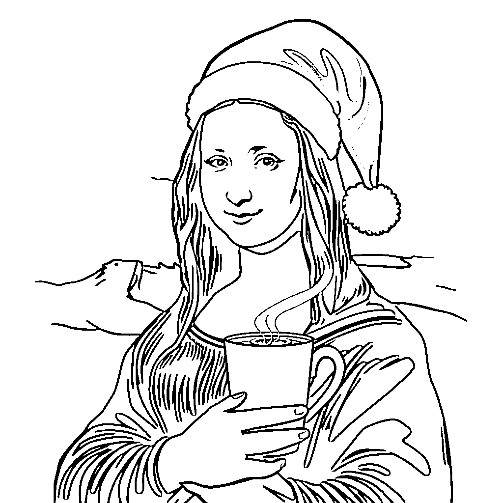 Mona Lisa sipping a warm beverage in a winter outfit Coloring Page (free black-and-white line drawing printable PDF for all, from beginners to advanced learners, including children, teens, adults, and seniors)