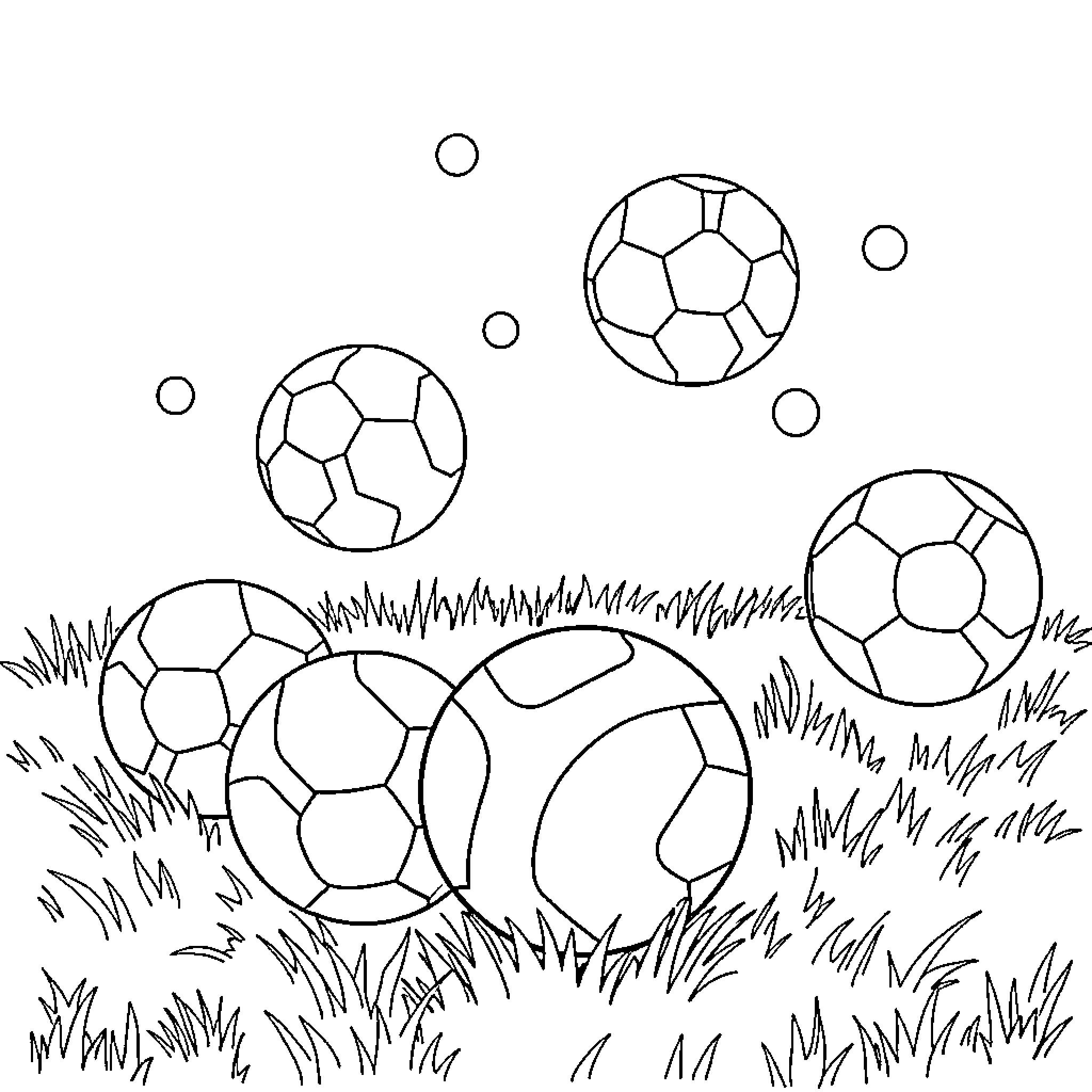 Ball games in grassy field Coloring Page (free black-and-white line drawing printable PDF for all, from beginners to advanced learners, including children, teens, adults, and seniors)