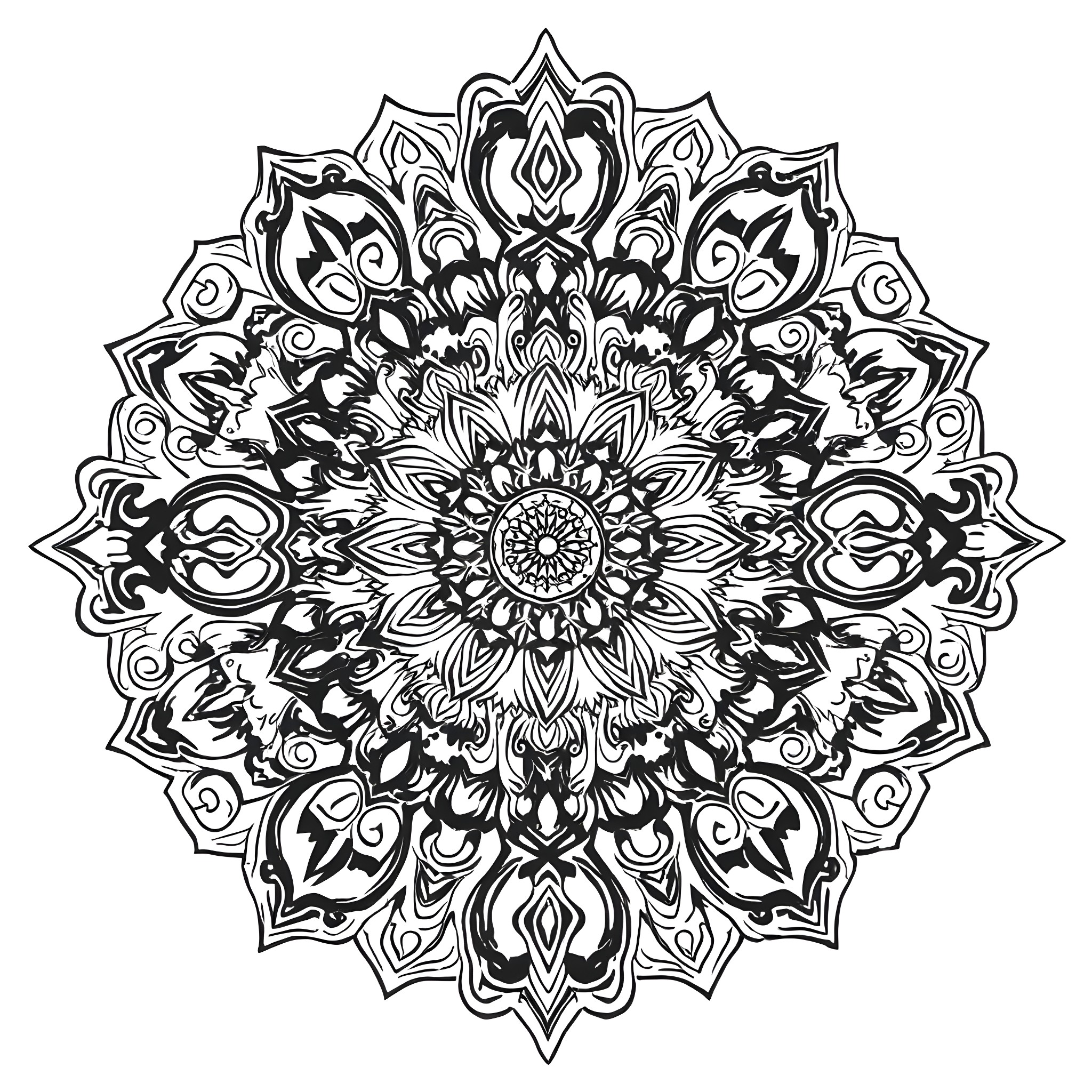 Mandala with intricate floral and geometric patterns Coloring Page (free black-and-white line drawing printable PDF for all, from beginners to advanced learners, including children, teens, adults, and seniors)