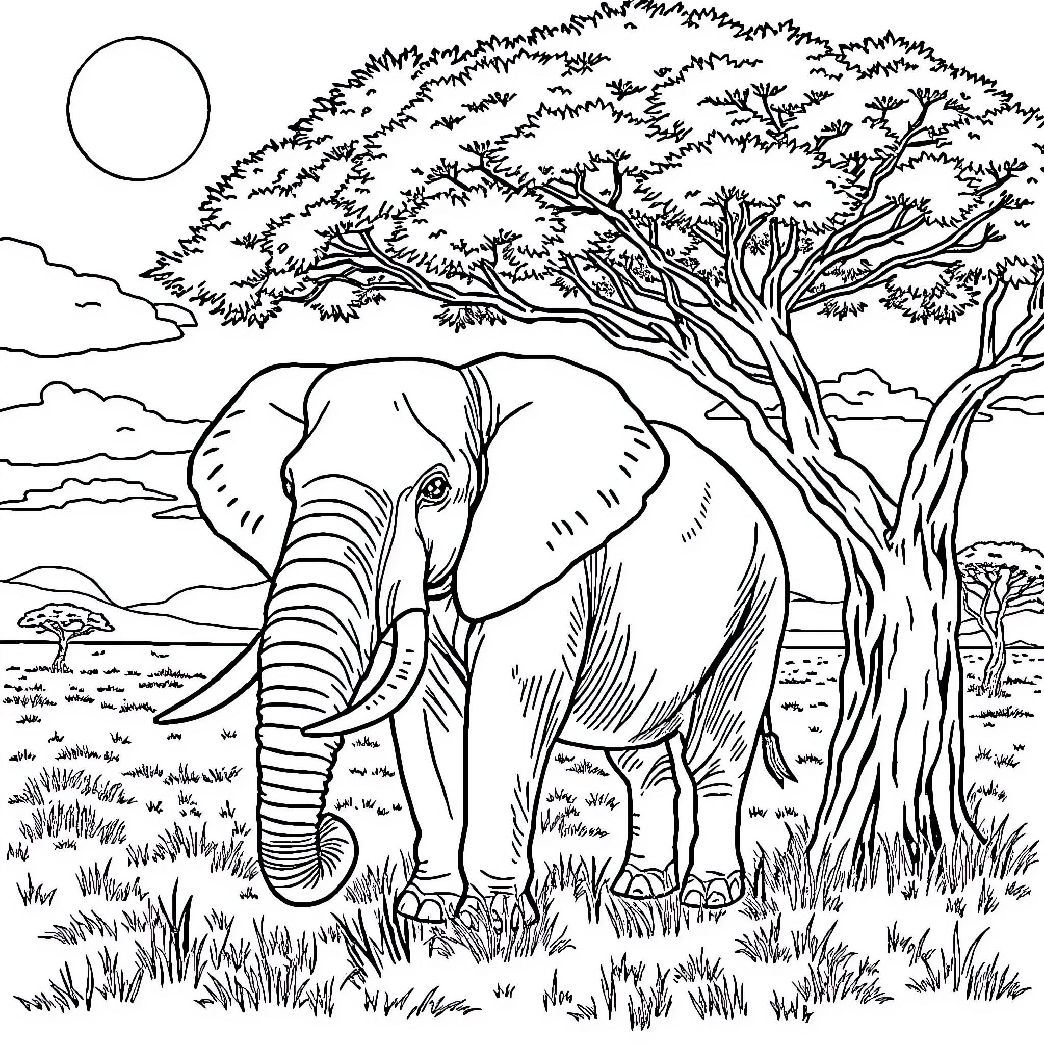 Elephant standing in serene African landscape Coloring Page (free black-and-white line drawing printable PDF for all, from beginners to advanced learners, including children, teens, adults, and seniors)