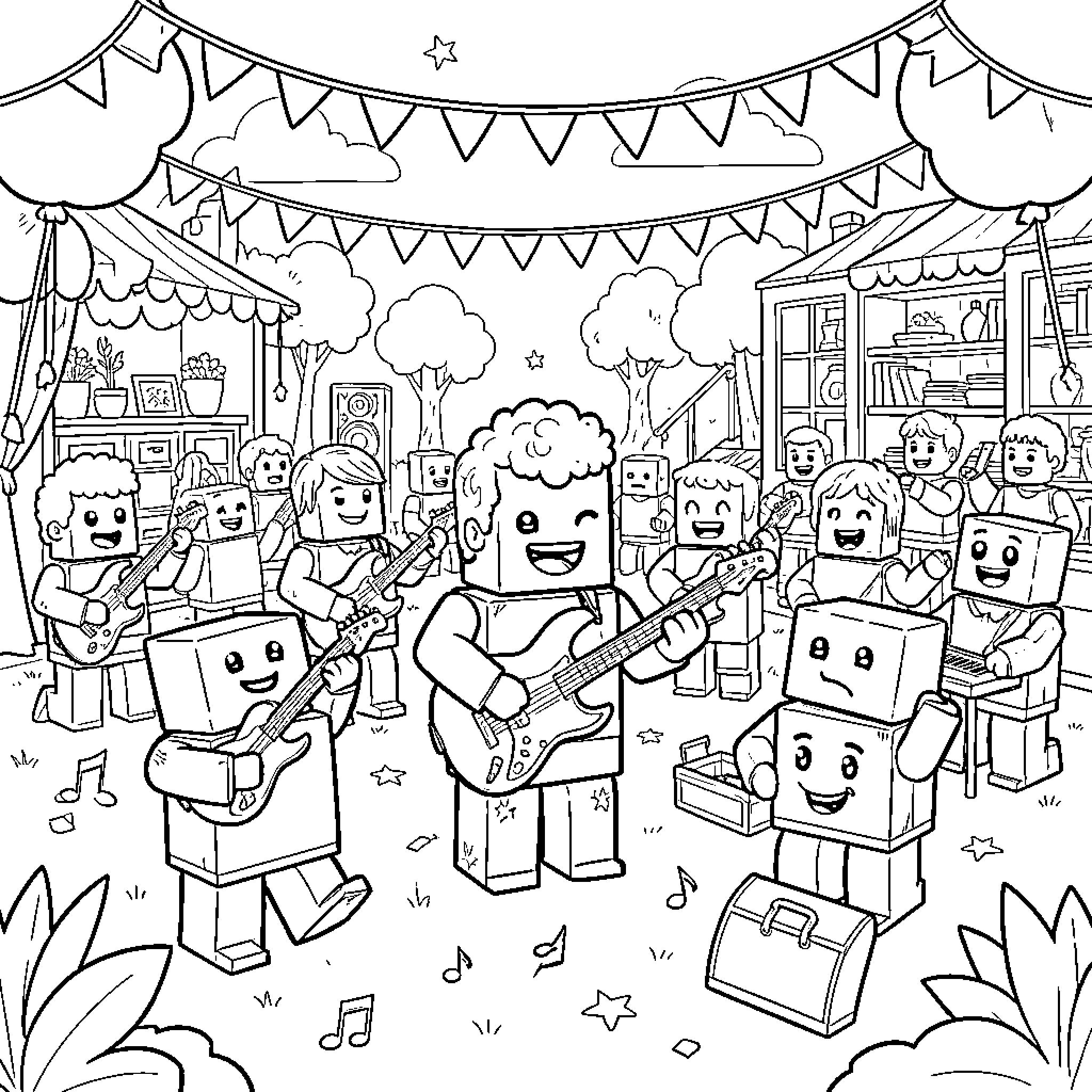 Numberblock characters performing music in a festive outdoor setting Coloring Page (free black-and-white line drawing printable PDF for all, from beginners to advanced learners, including children, teens, adults, and seniors)