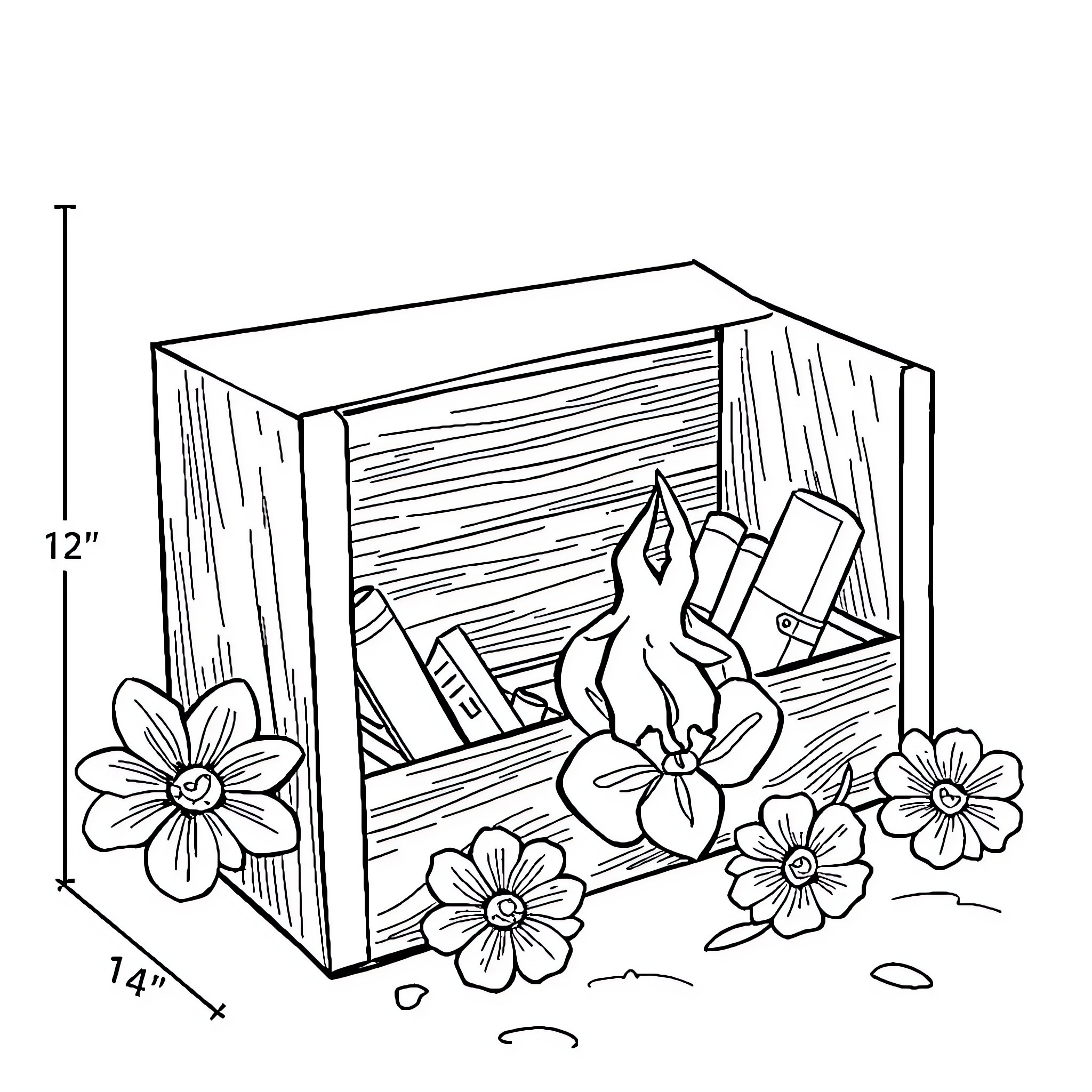 Hardbox with artistic objects and flowers Coloring Page (free black-and-white line drawing printable PDF for all, from beginners to advanced learners, including children, teens, adults, and seniors)