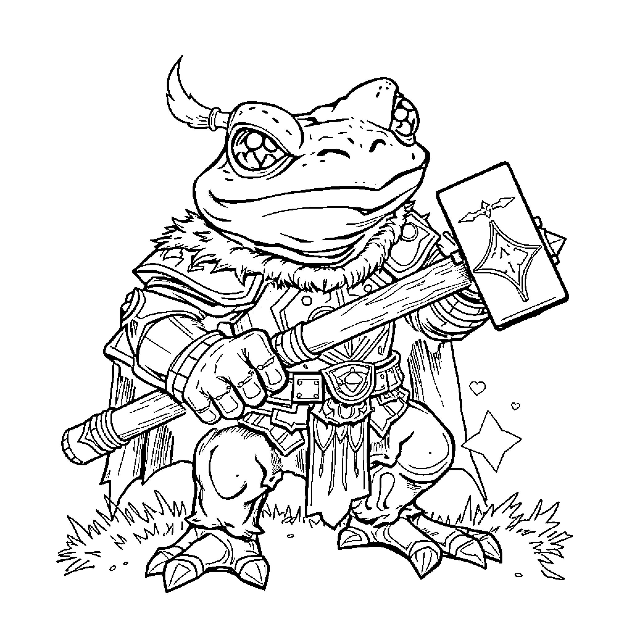 Tree Frog Warrior Wielding Mystic Weapon Coloring Page (free black-and-white line drawing printable PDF for all, from beginners to advanced learners, including children, teens, adults, and seniors)