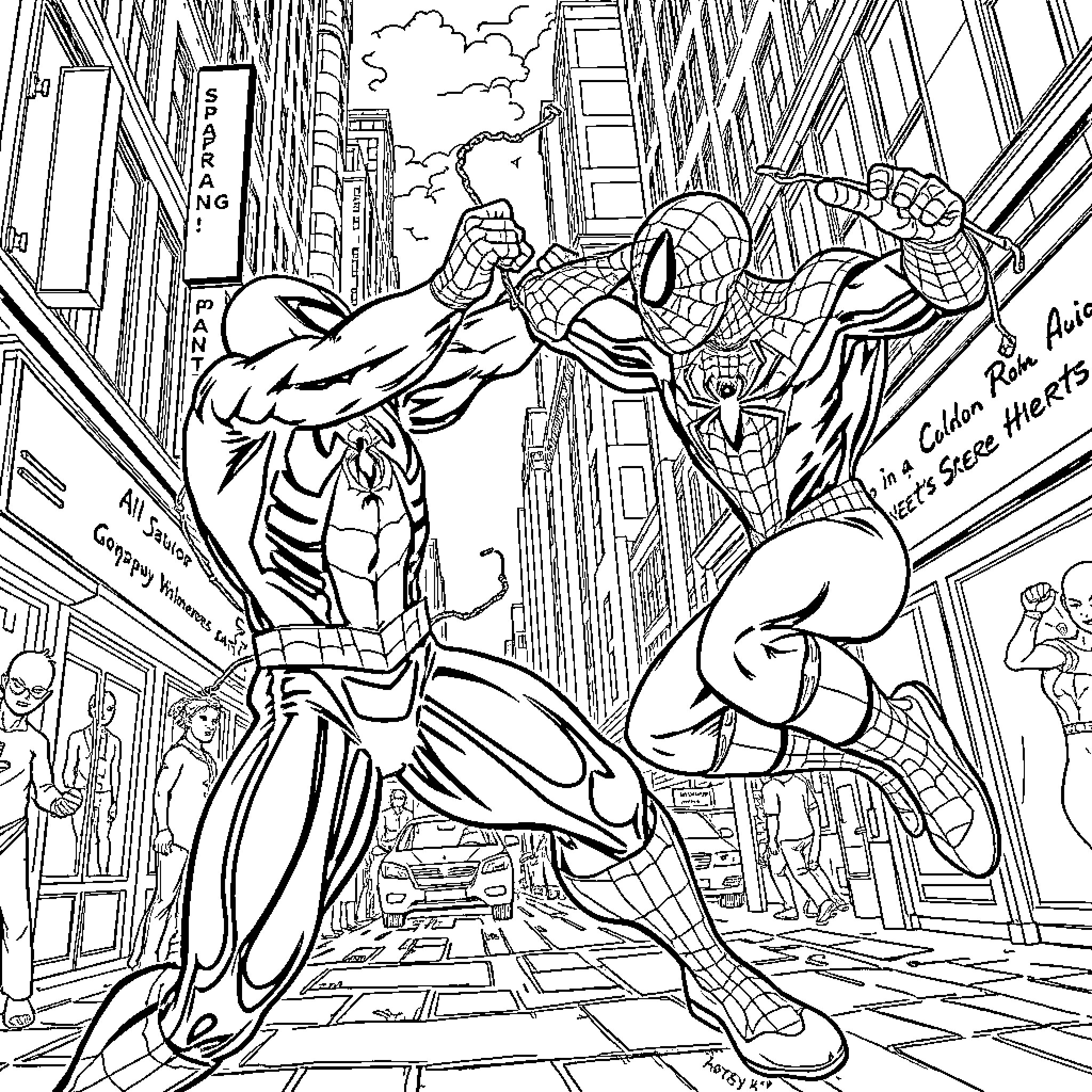 Saturo's Heroic Duo: Spiderman and Iron Man Clash in the City Coloring Page (free black-and-white line drawing printable PDF for all, from beginners to advanced learners, including children, teens, adults, and seniors)