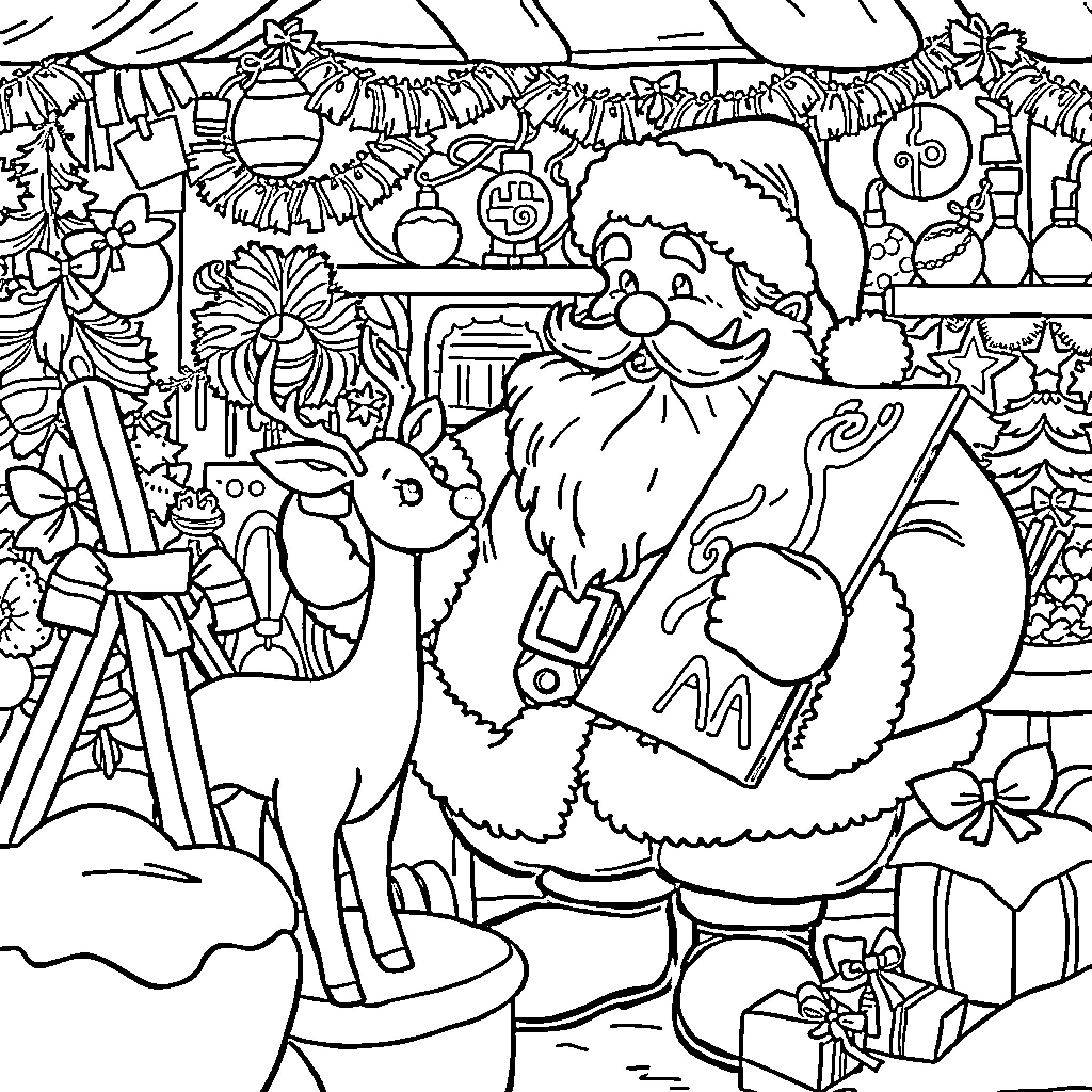 Santa Claus Decorating His Workshop with Festive Items Coloring Page (free black-and-white line drawing printable PDF for all, from beginners to advanced learners, including children, teens, adults, and seniors)