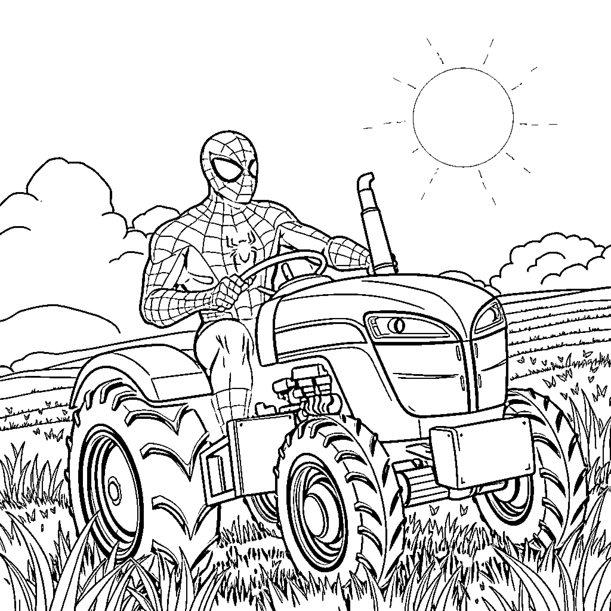 Spider-Man drives tractor in the countryside Coloring Page (free black-and-white line drawing printable PDF for all, from beginners to advanced learners, including children, teens, adults, and seniors)
