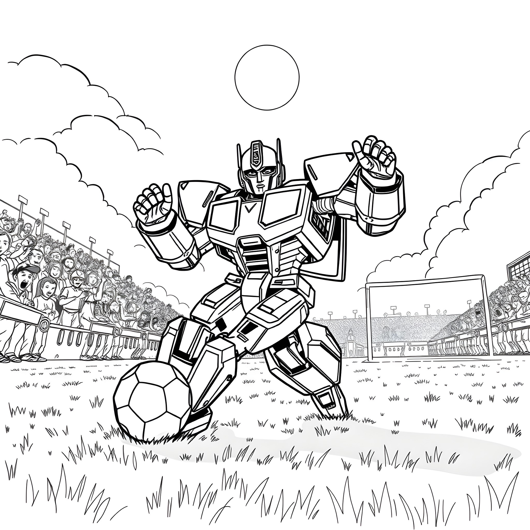 Bumblebee kicking a soccer ball in a stadium Coloring Page (free black-and-white line drawing printable PDF for all, from beginners to advanced learners, including children, teens, adults, and seniors)