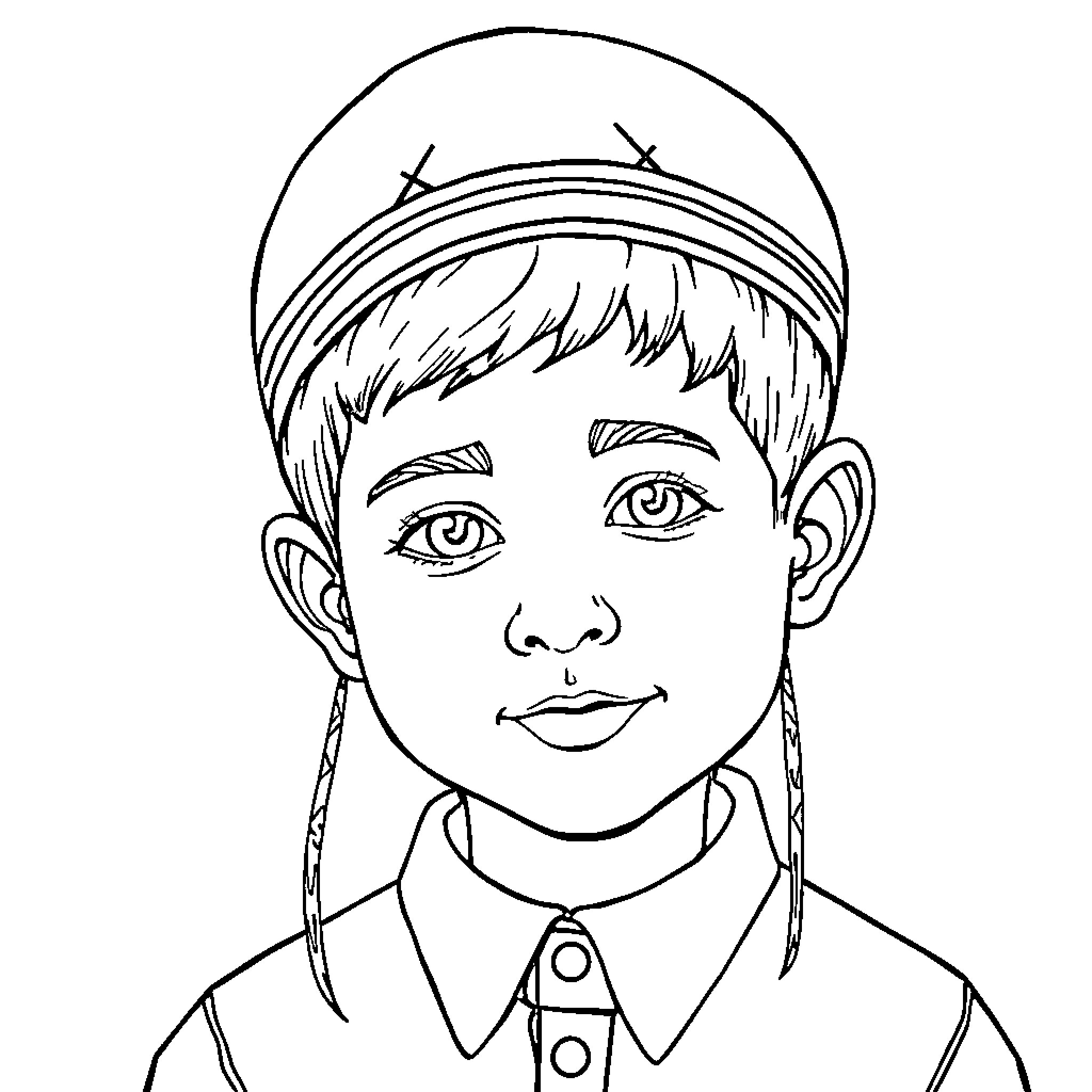 Chasidic Boy with Traditional Headwear and Expression Coloring Page (free black-and-white line drawing printable PDF for all, from beginners to advanced learners, including children, teens, adults, and seniors)