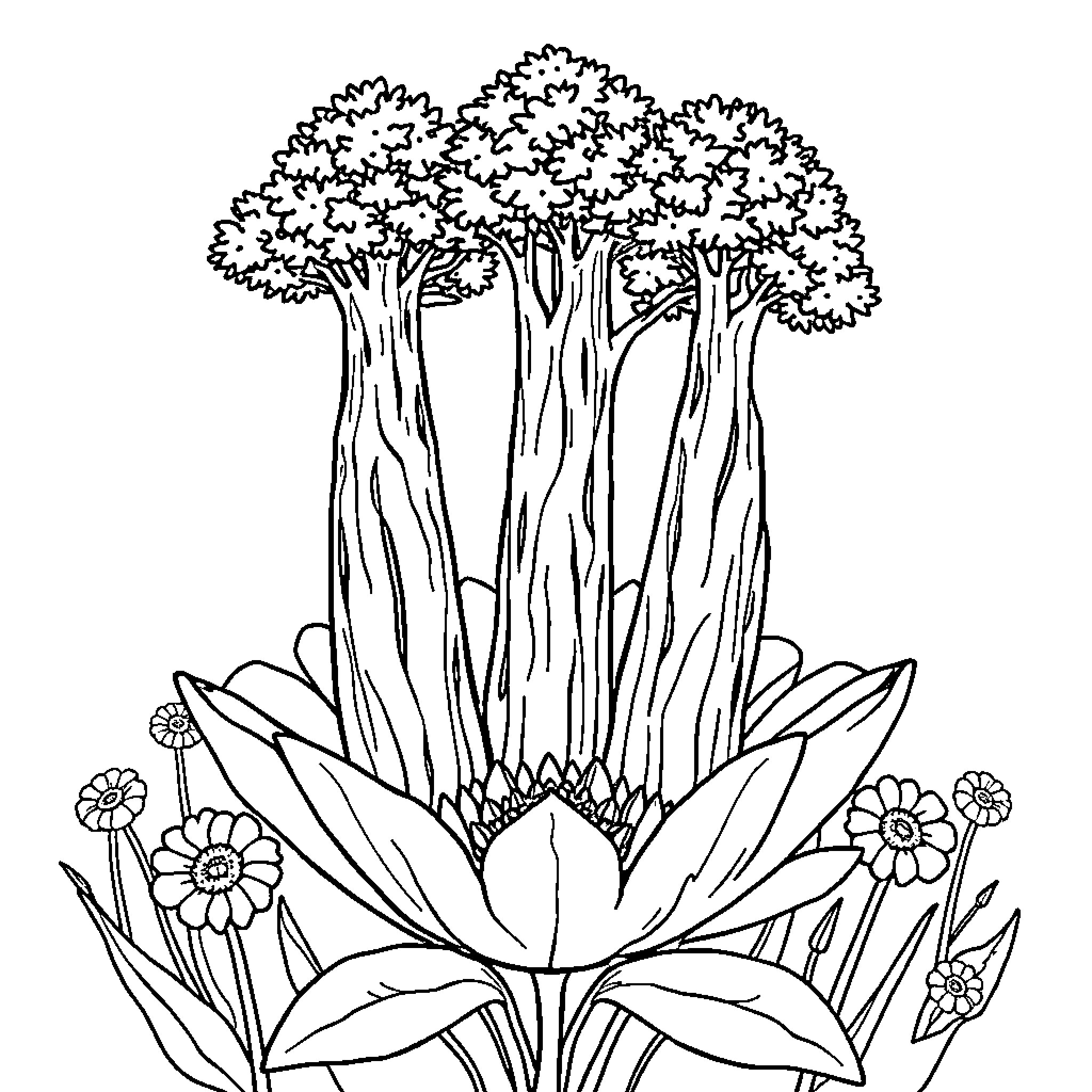 Tree Tops Overlooking Floral Garden Scene Coloring Page (free black-and-white line drawing printable PDF for all, from beginners to advanced learners, including children, teens, adults, and seniors)