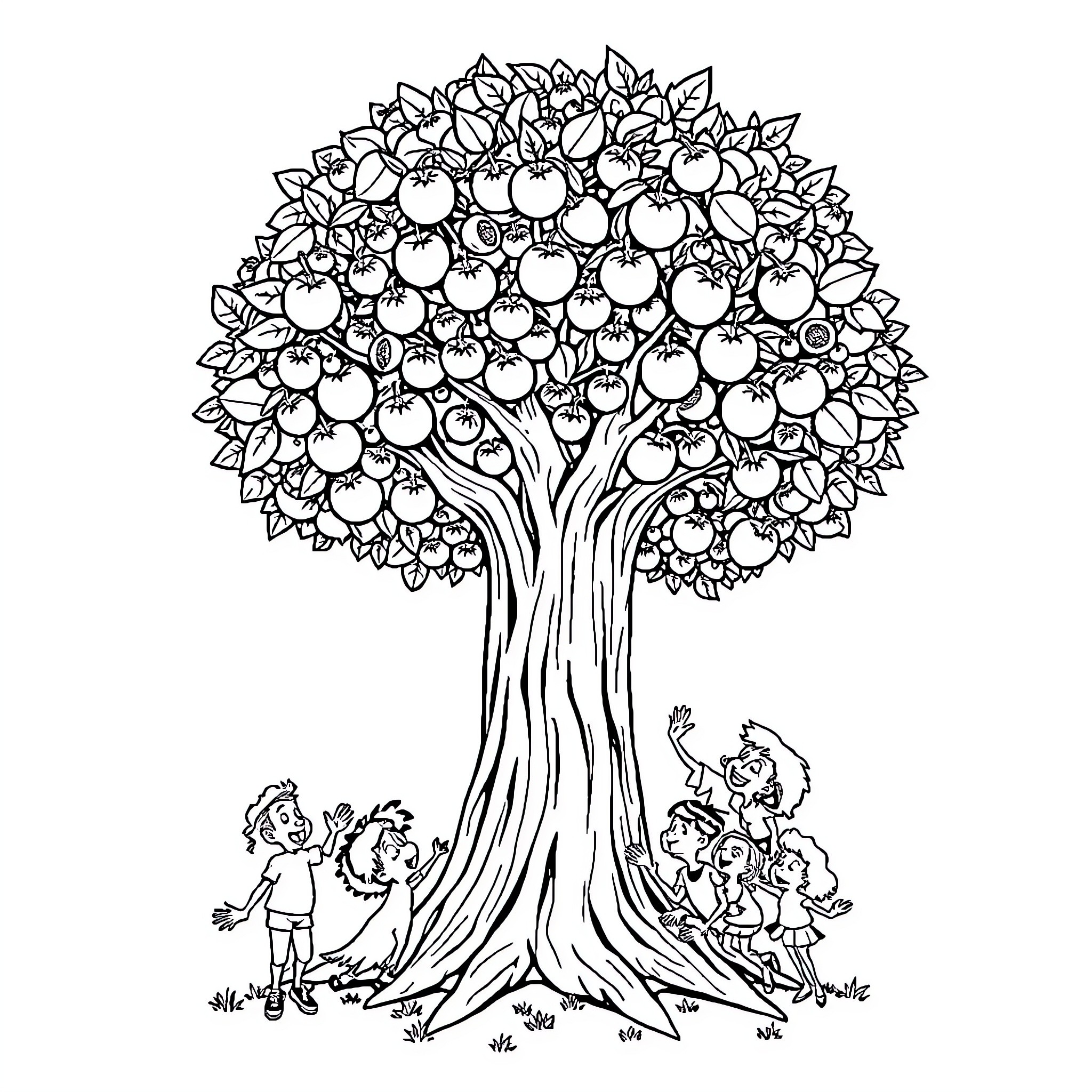 Tree with playing children under its branches Coloring Page (free black-and-white line drawing printable PDF for all, from beginners to advanced learners, including children, teens, adults, and seniors)