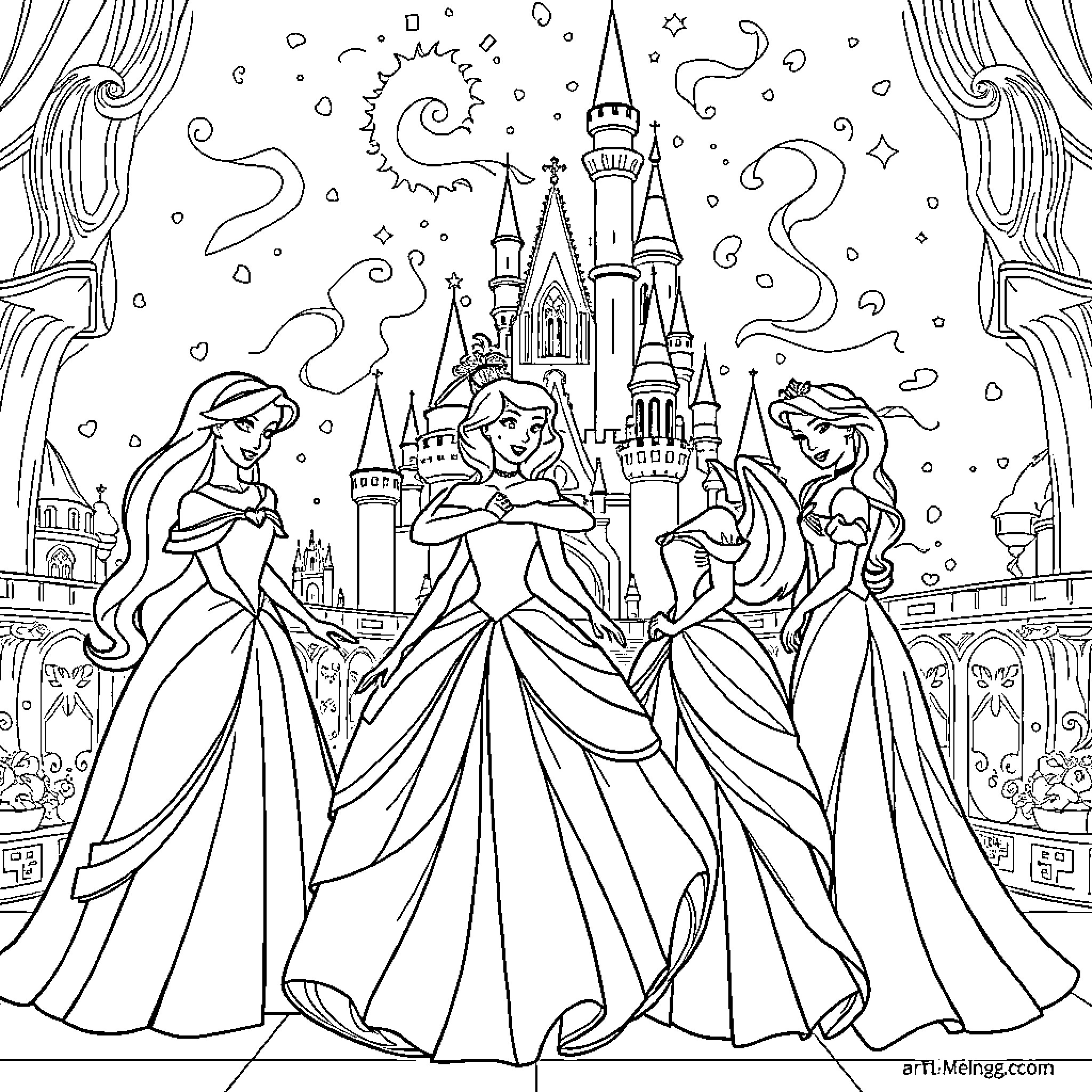 Princess Trio in Enchanted Castle Coloring Page (free black-and-white line drawing printable PDF for all, from beginners to advanced learners, including children, teens, adults, and seniors)