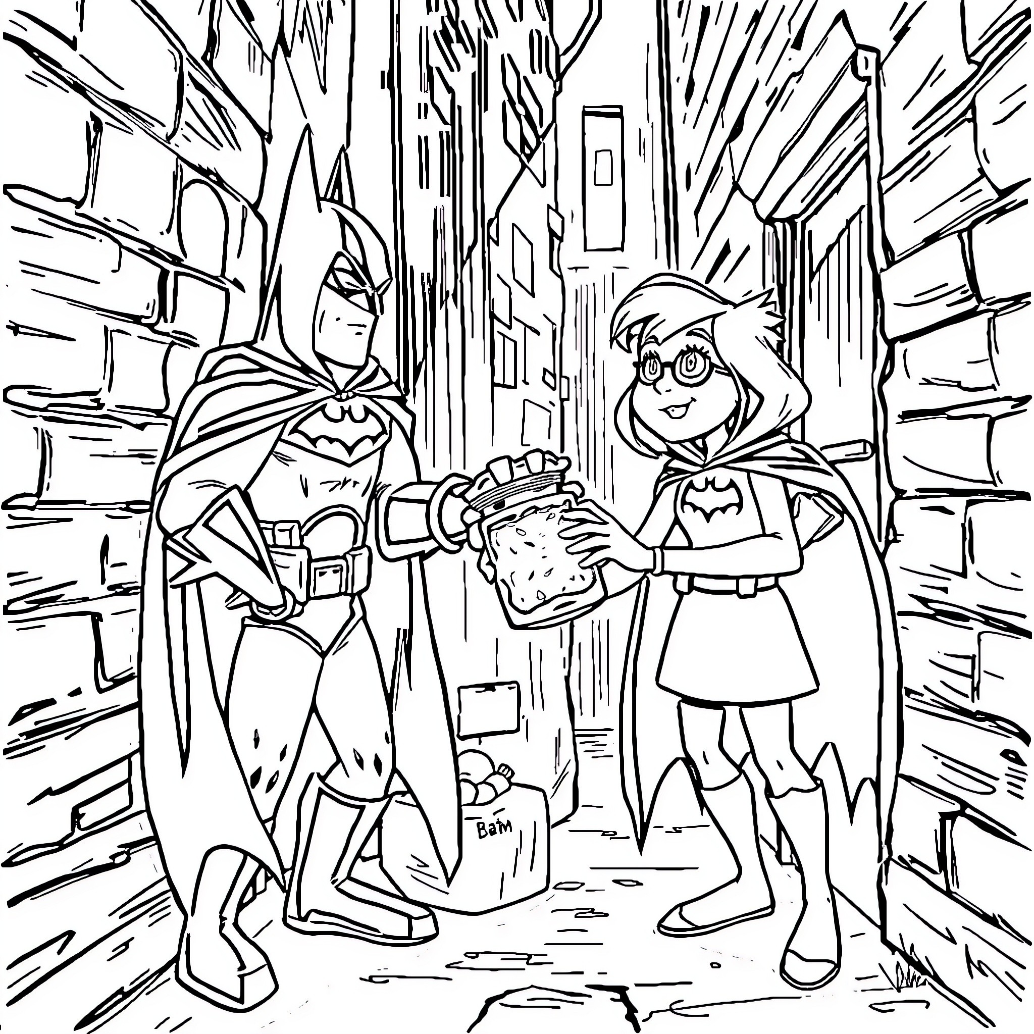 Martine and her sidekick explore the city streets Coloring Page (free black-and-white line drawing printable PDF for all, from beginners to advanced learners, including children, teens, adults, and seniors)