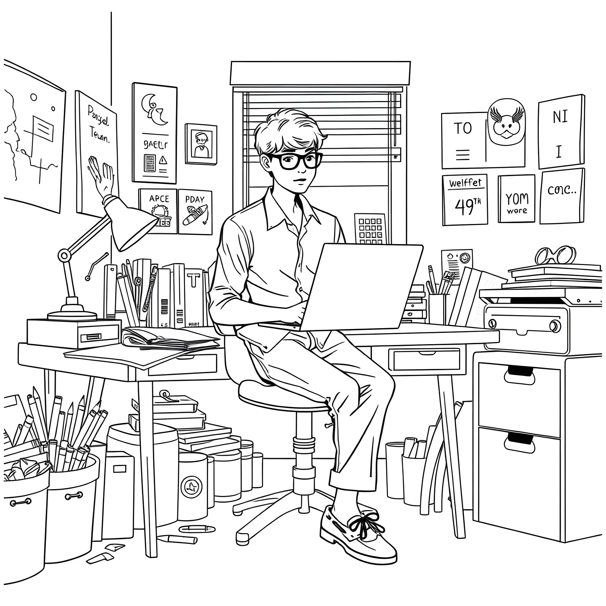 Teen Guy Studying Diligently at His Desk Coloring Page (free black-and-white line drawing printable PDF for all, from beginners to advanced learners, including children, teens, adults, and seniors)