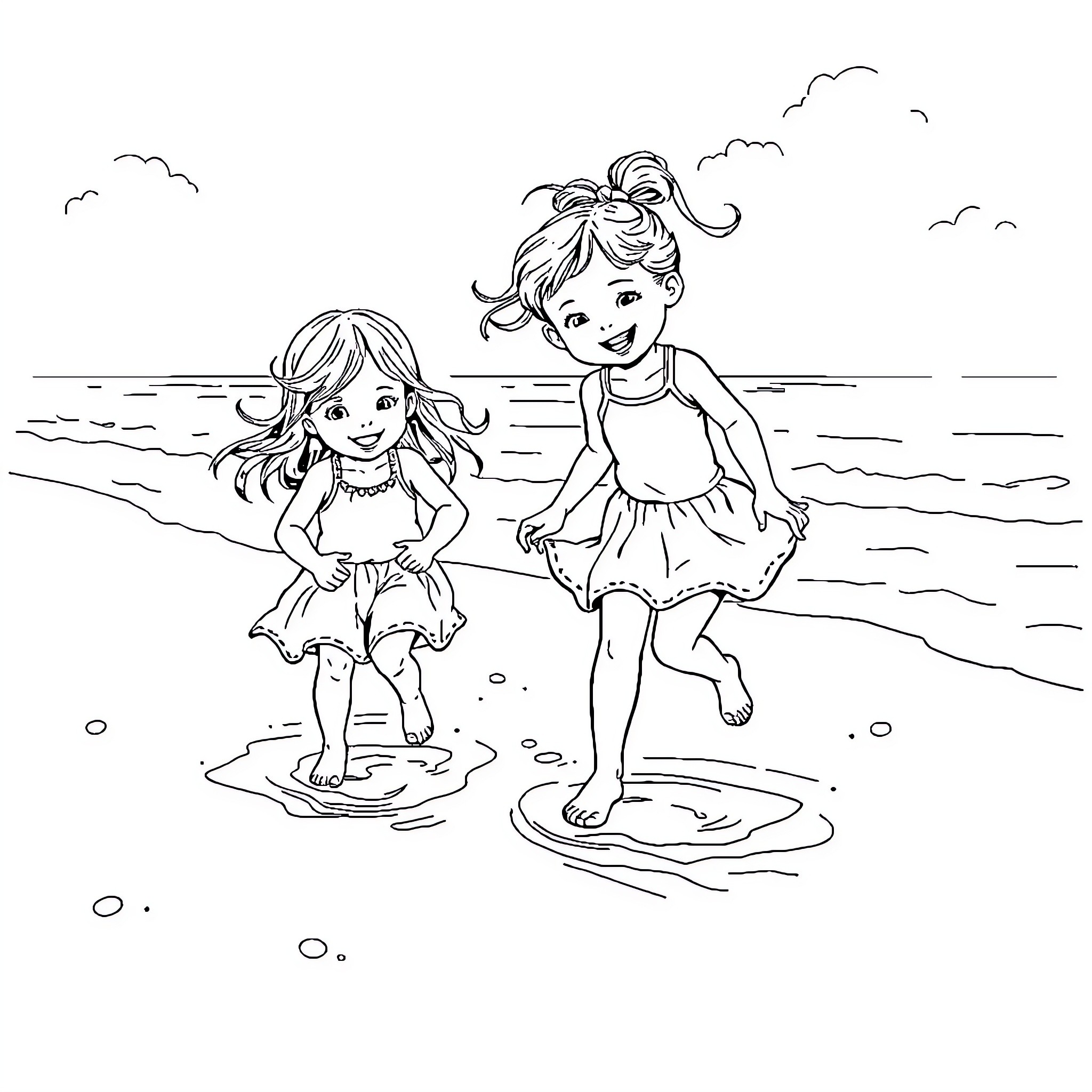 Girls playing joyfully in the shallow waters Coloring Page (free black-and-white line drawing printable PDF for all, from beginners to advanced learners, including children, teens, adults, and seniors)