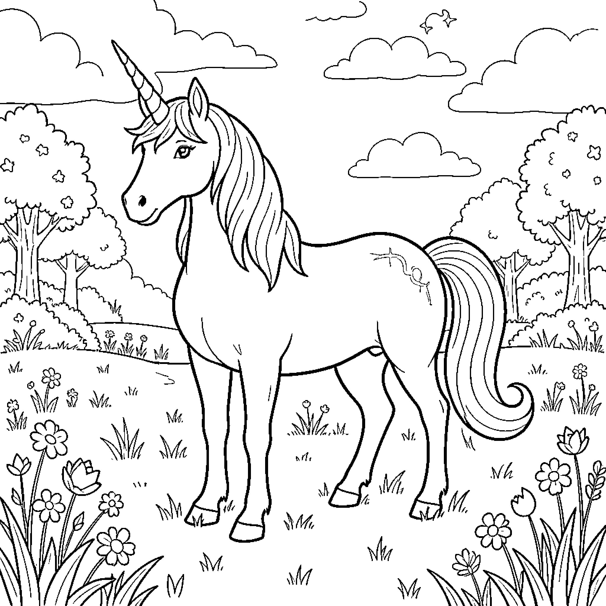 Unicorn standing gracefully in a flowery meadow Coloring Page (free black-and-white line drawing printable PDF for all, from beginners to advanced learners, including children, teens, adults, and seniors)
