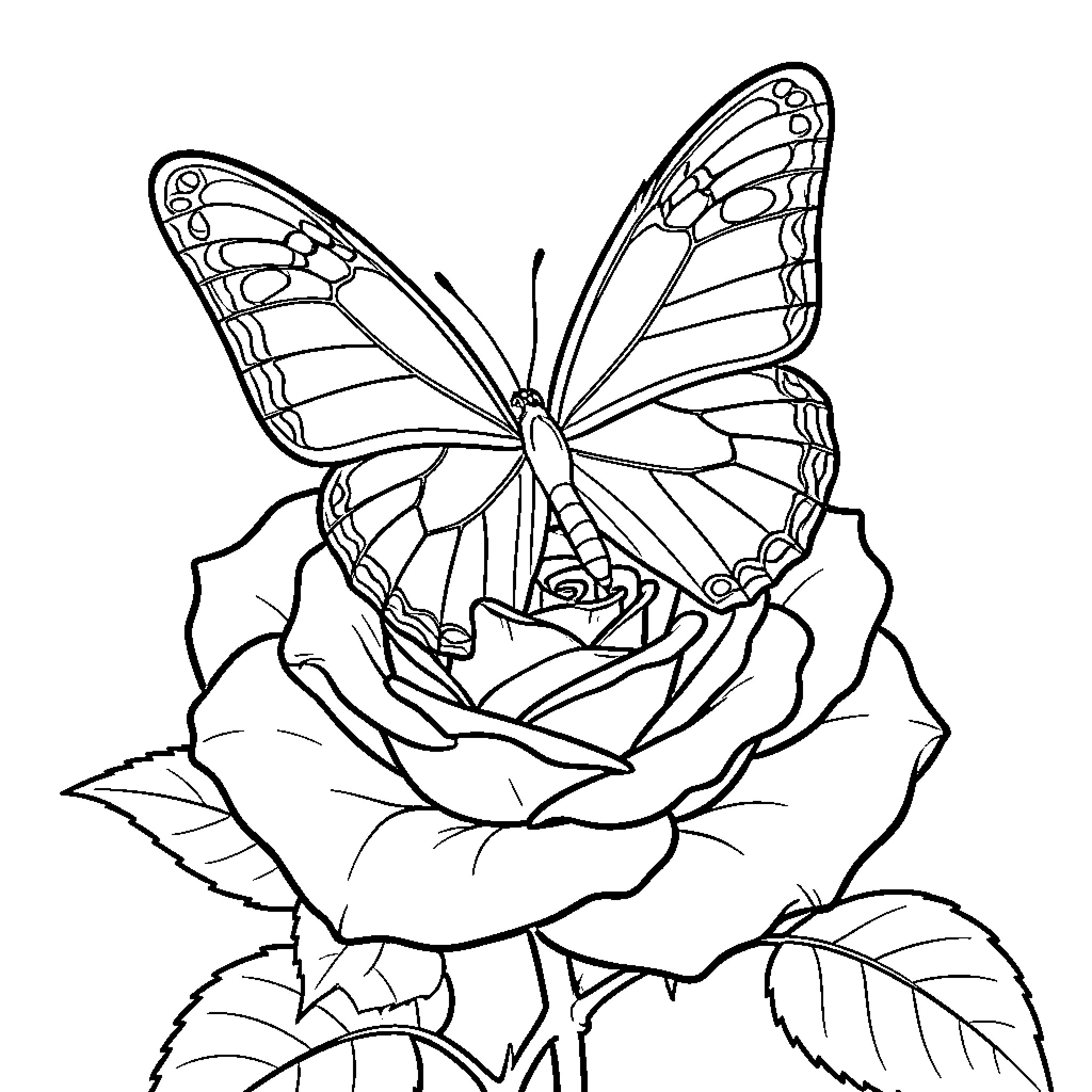 Butterfly resting on a blooming rose Coloring Page (free black-and-white line drawing printable PDF for all, from beginners to advanced learners, including children, teens, adults, and seniors)