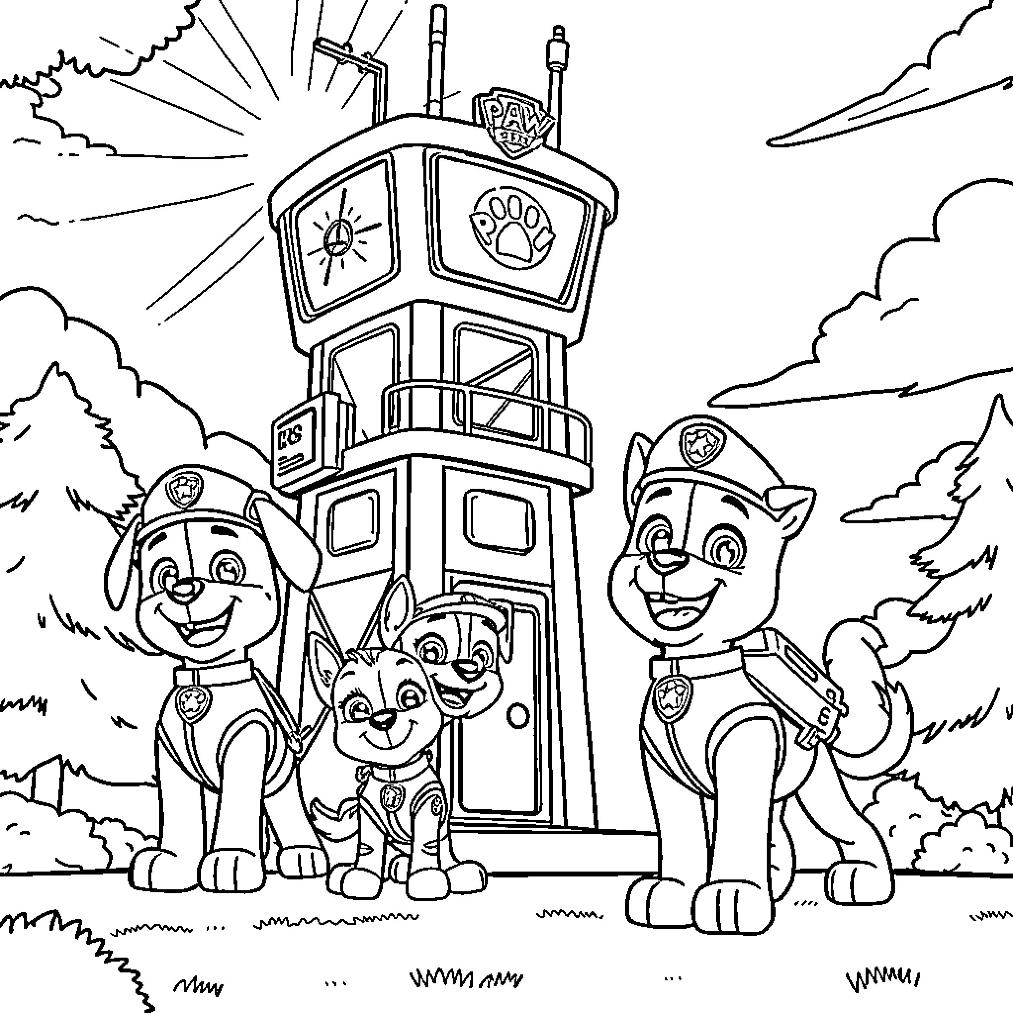 Paw Patrol on an Adventure Coloring Page (free black-and-white line drawing printable PDF for all, from beginners to advanced learners, including children, teens, adults, and seniors)